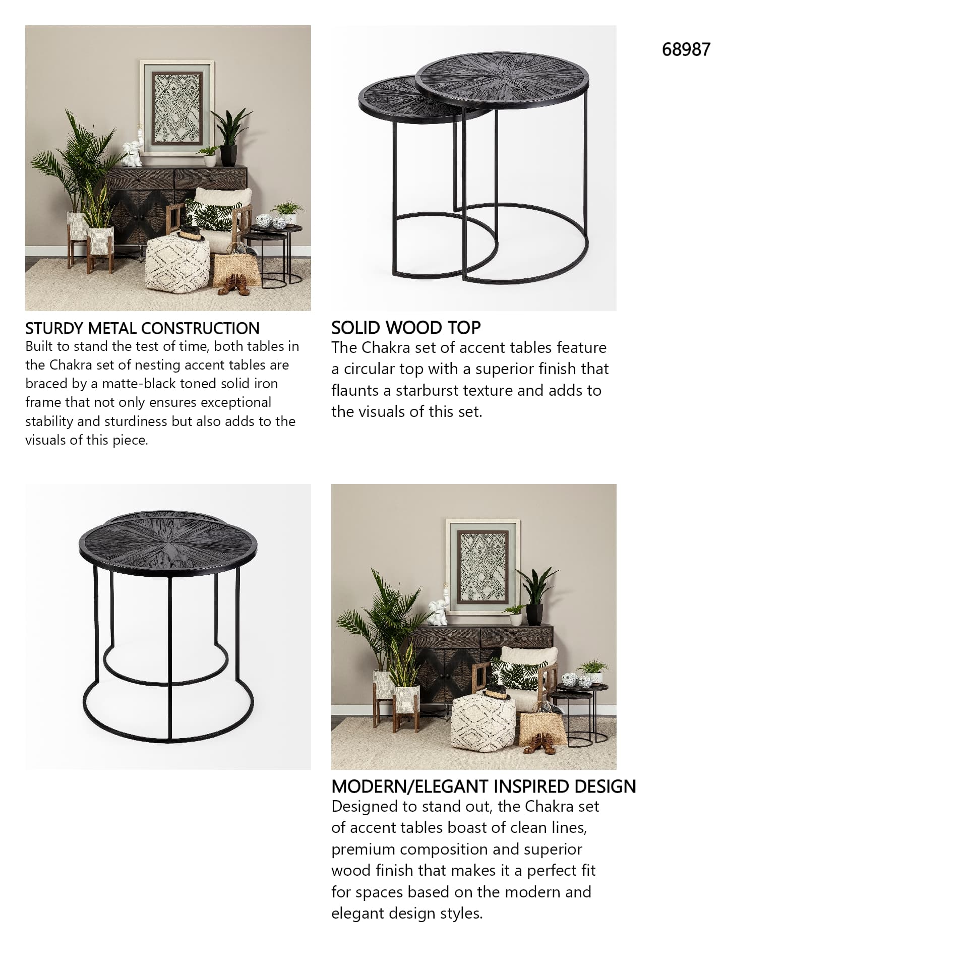 Chakra 19.7" Set of Two Round Dark Wood Top Black Frame Accent Tables — in a styled room