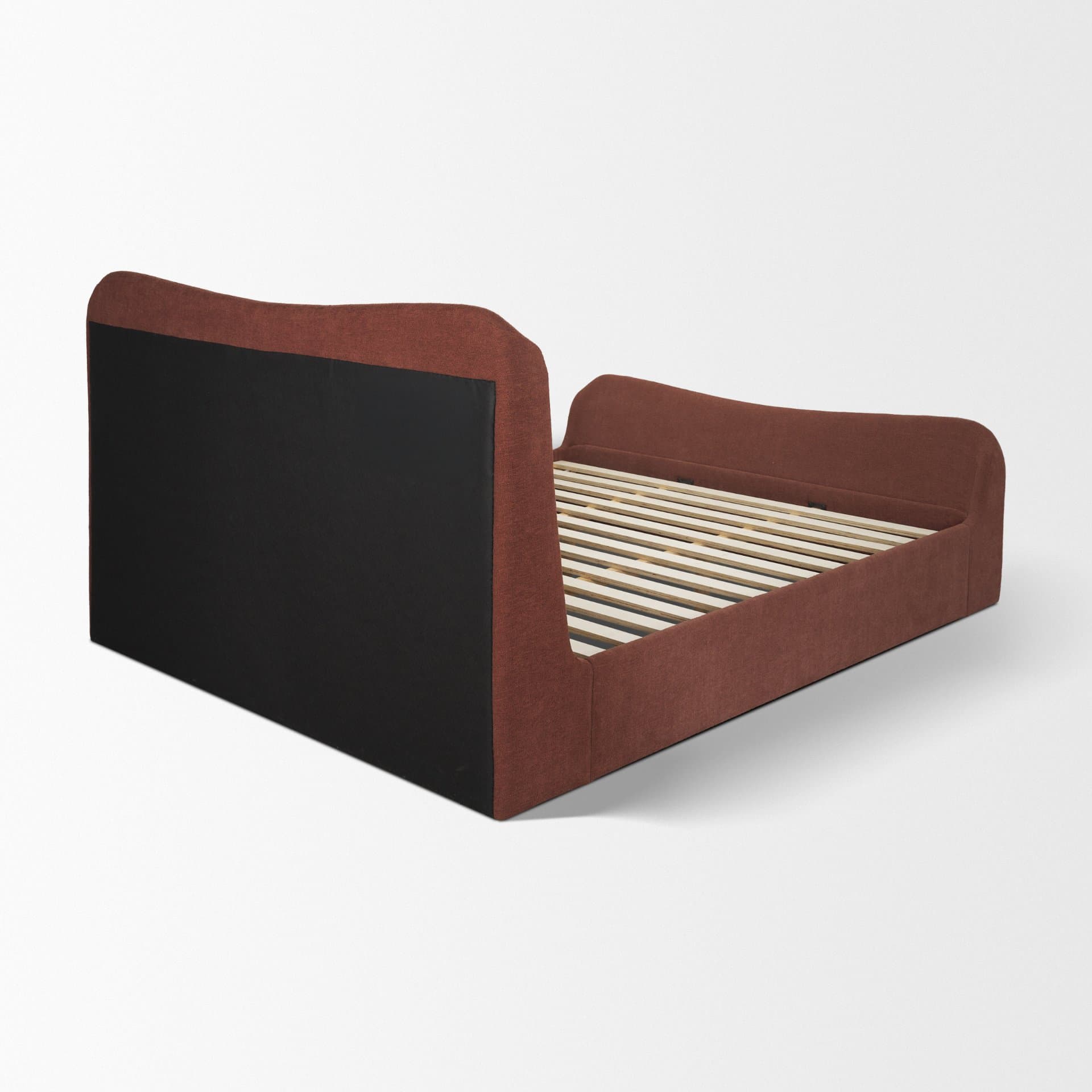 Solene King Upholstered Bedframe w/ Footbed | Curved Headboard | Burgundy Fabric — product photograph
