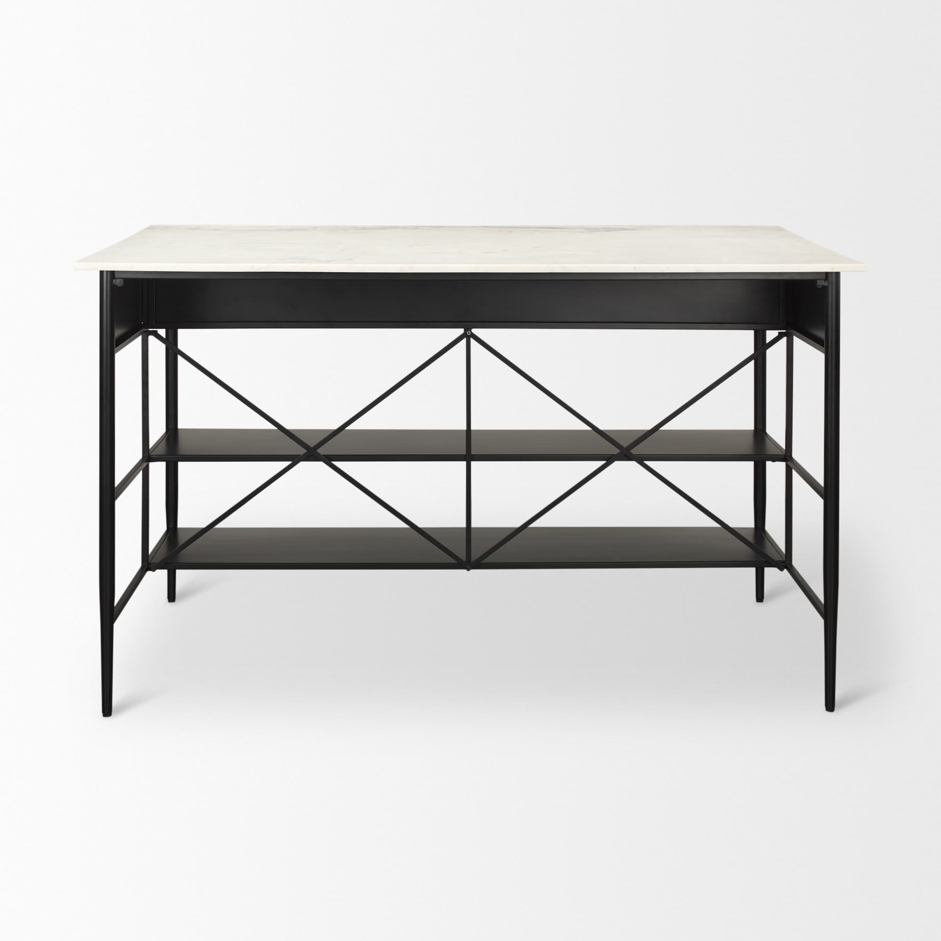 Amika White Marble Top Black Metal Base Kitchen Island — product photograph