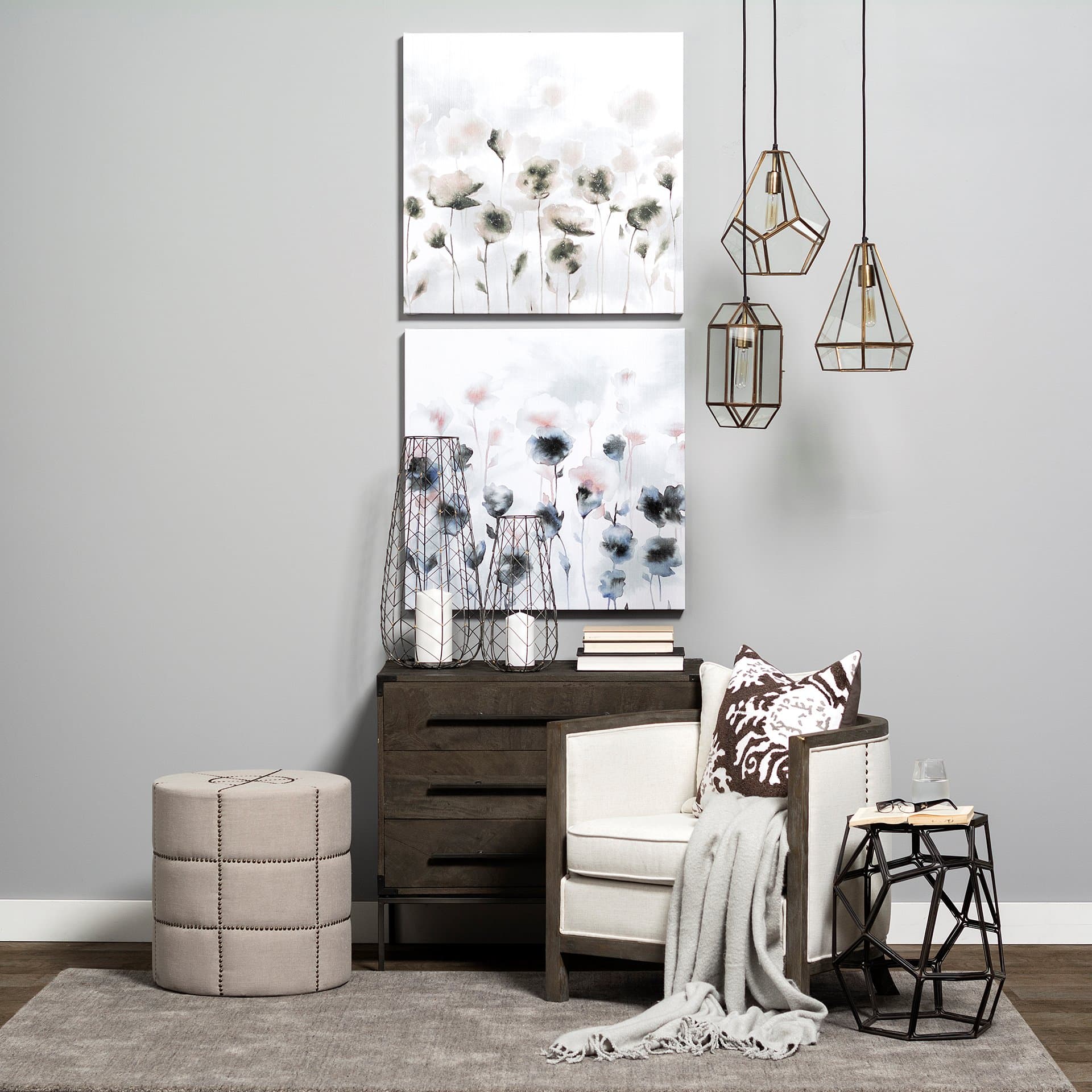 Ward 34L x 18W Brown Wood and Iron 3 Drawer Accent Cabinet — in a styled room