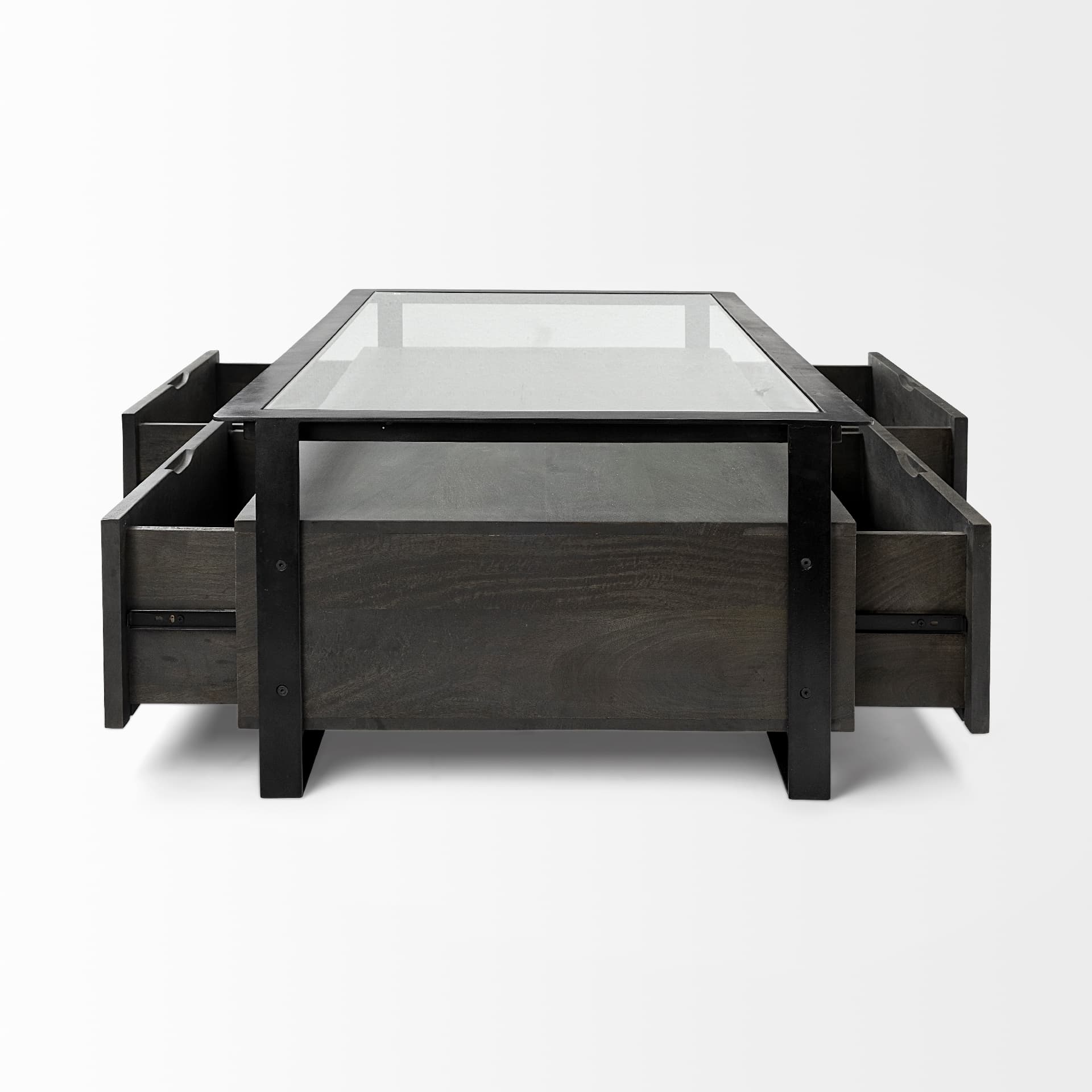 Vidro 54x30 Rectangular Glass Top Black Solid Wood Drawers & Black Frame Coffee Table — product photograph