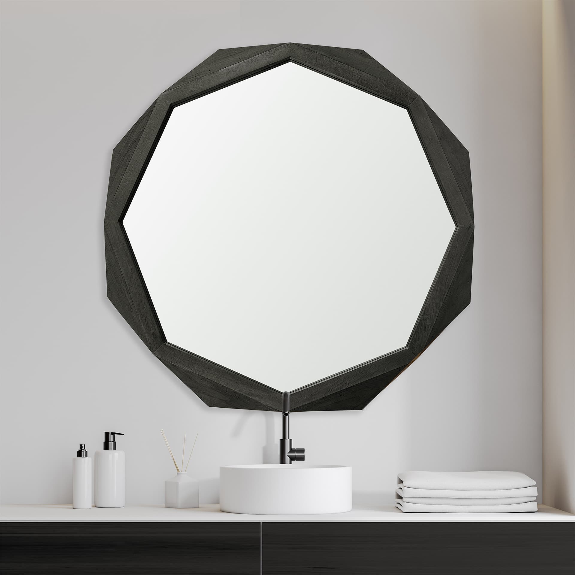 Aramis II 41L x 41H Octagon Black Wood Frame Wall Mirror — product photograph