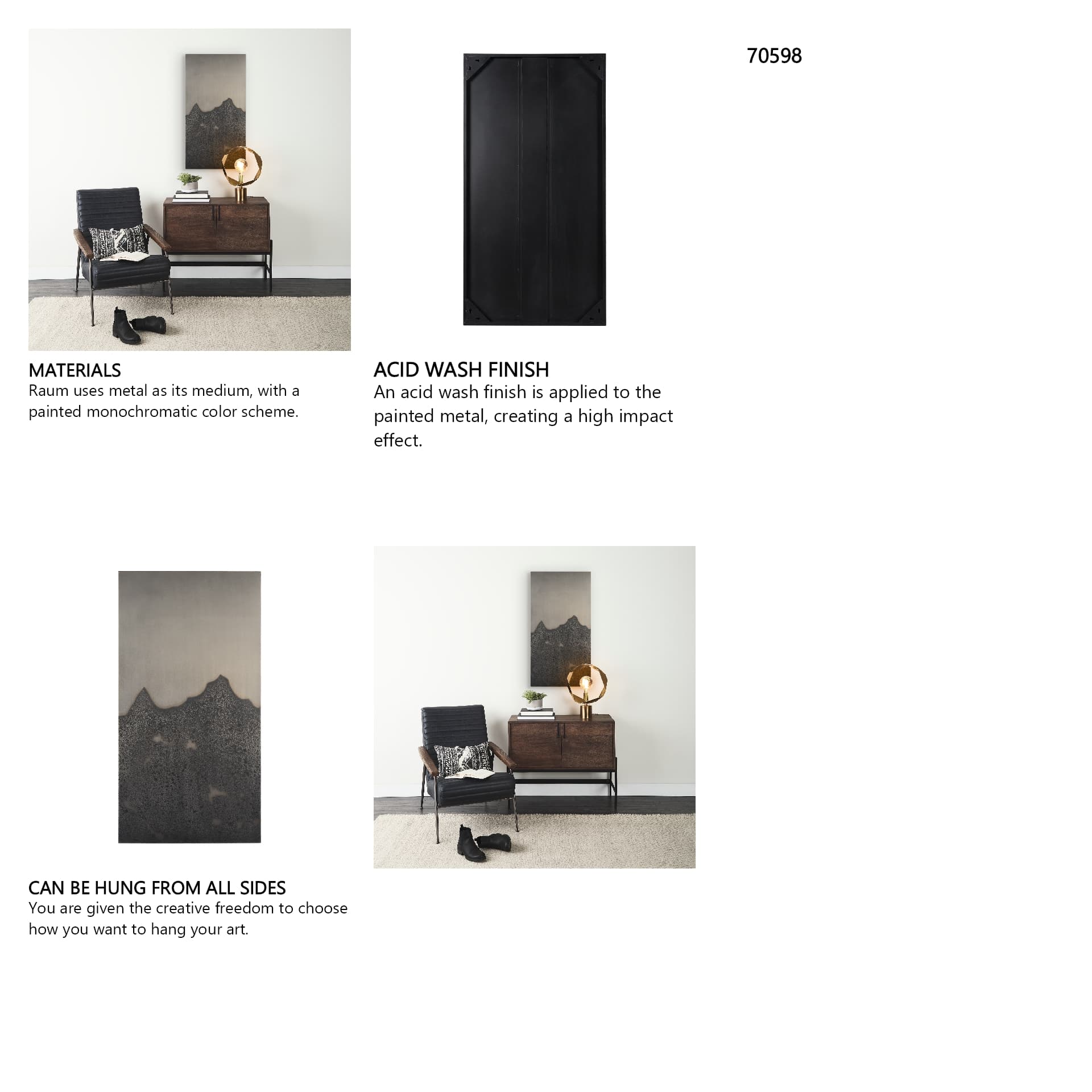 Raum Painted Monochrome w/ Acid Wash Metal Wall Art — in a styled room