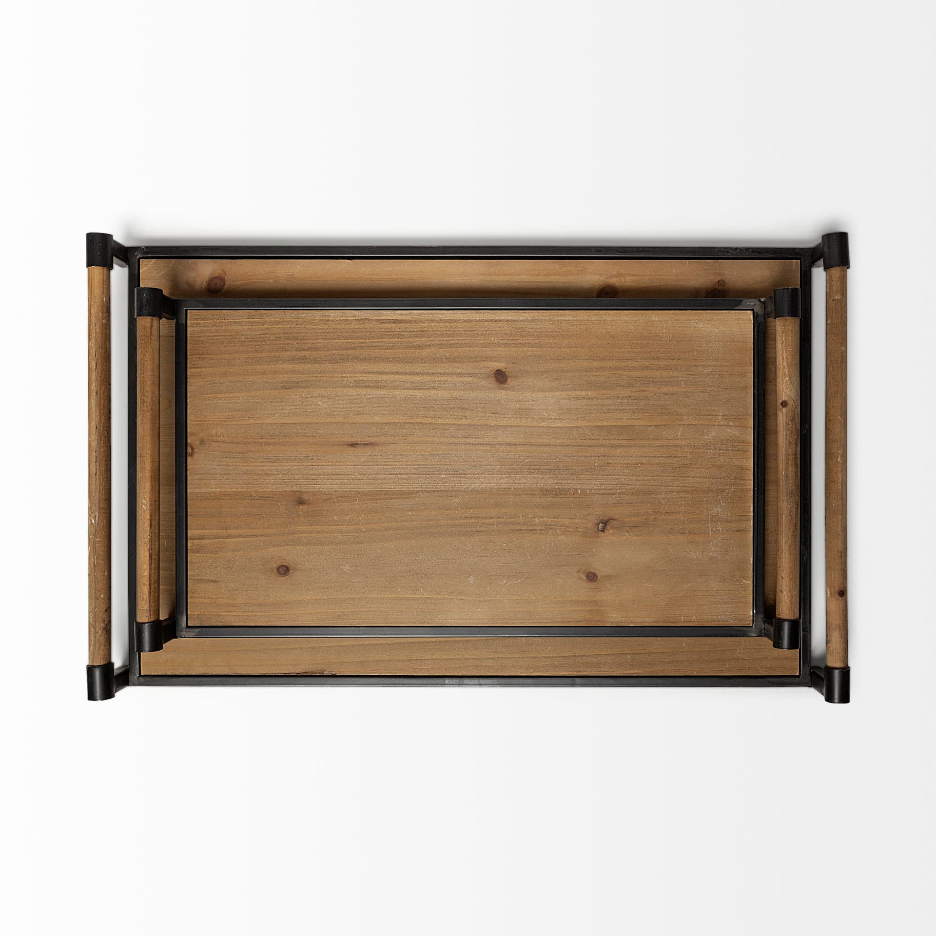 Benson Set of 2 Brown Wood Black Metal Trays — product photograph