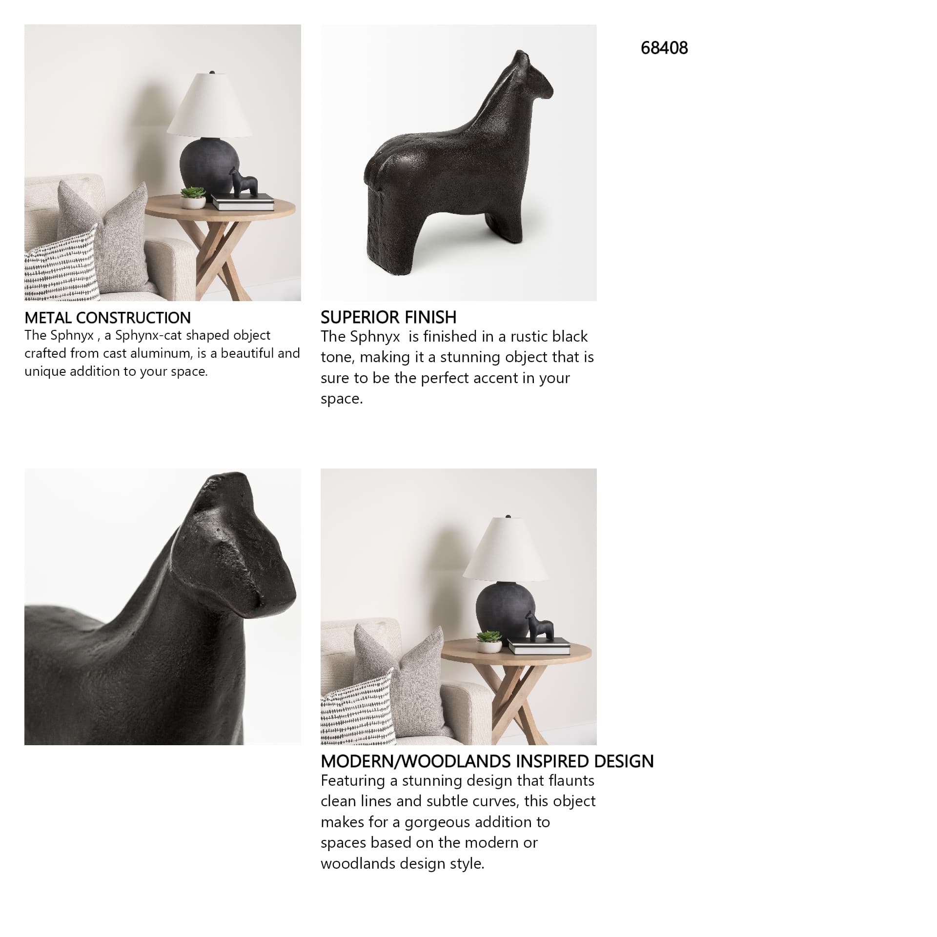 Sphynx II 7L x 2W Black Cast Aluminum Horse Shaped Object — in a styled room