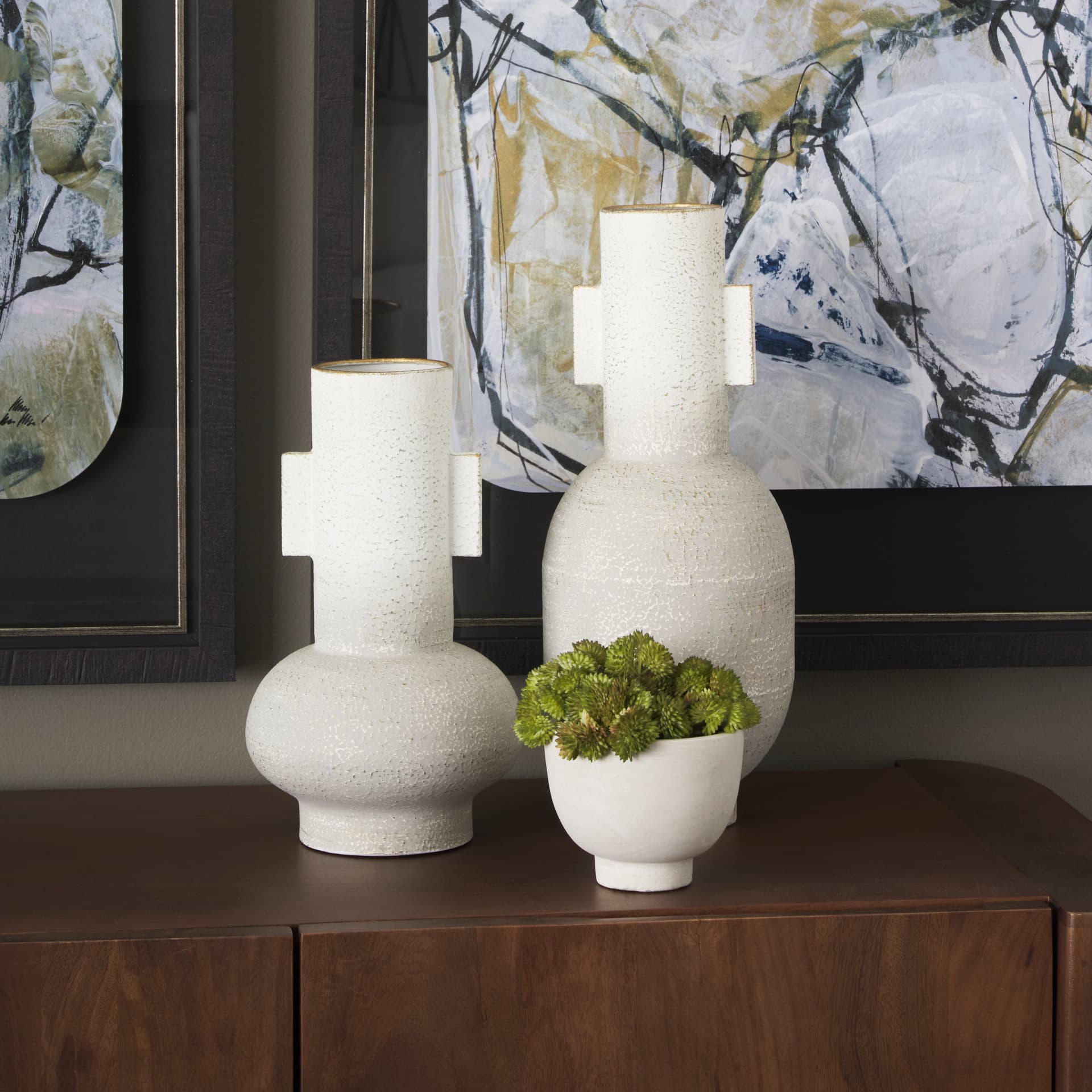 Torres Tall Textured Off White w/ Gold Metal Vase — in a styled room