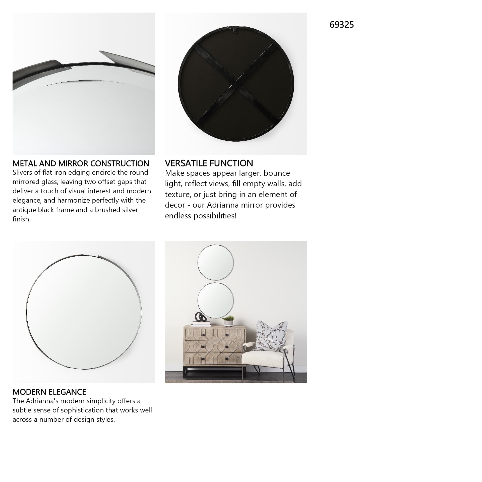 Adrianna 24.4" Black Metal Round Mirror — in a styled room