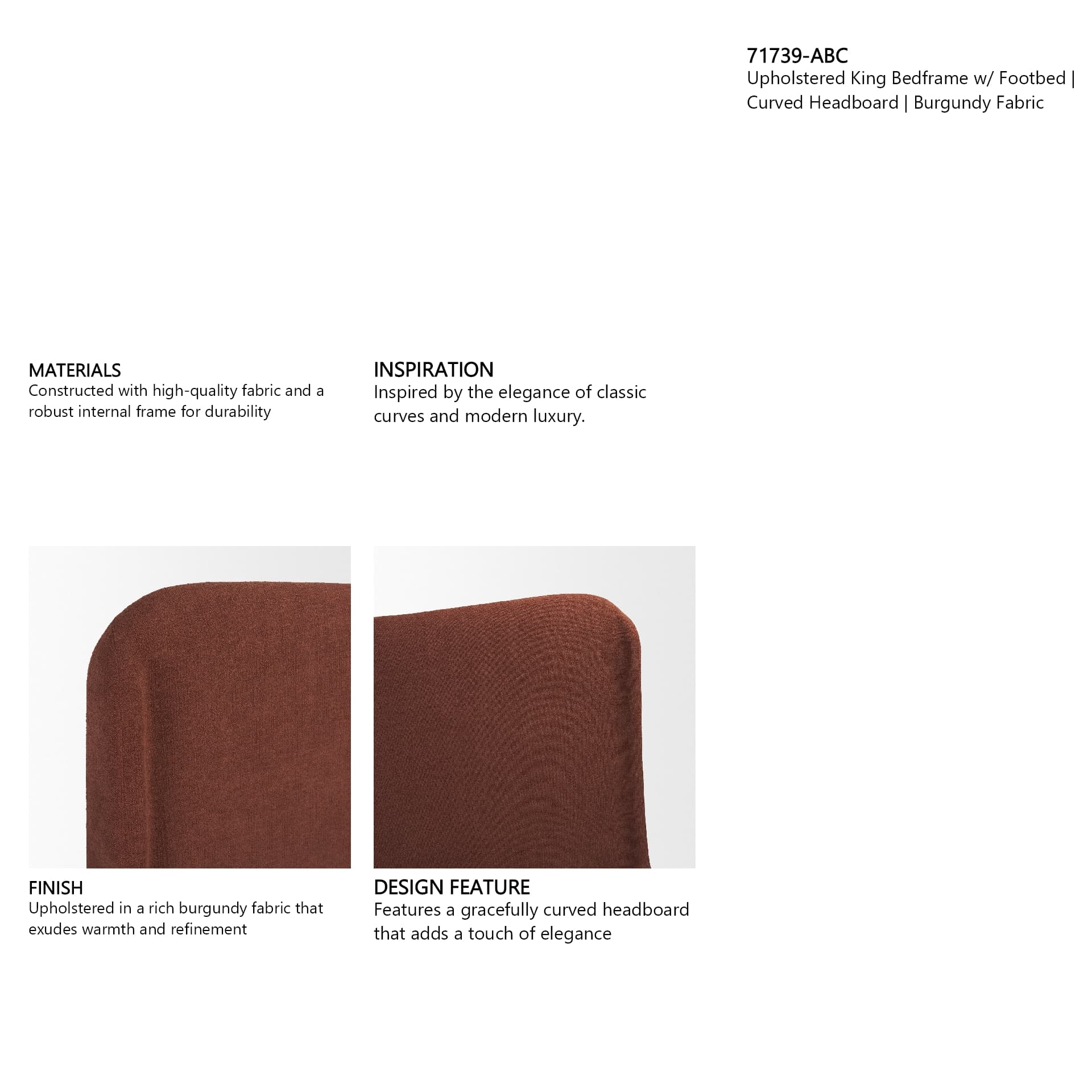 Solene King Upholstered Bedframe w/ Footbed | Curved Headboard | Burgundy Fabric — in a styled room