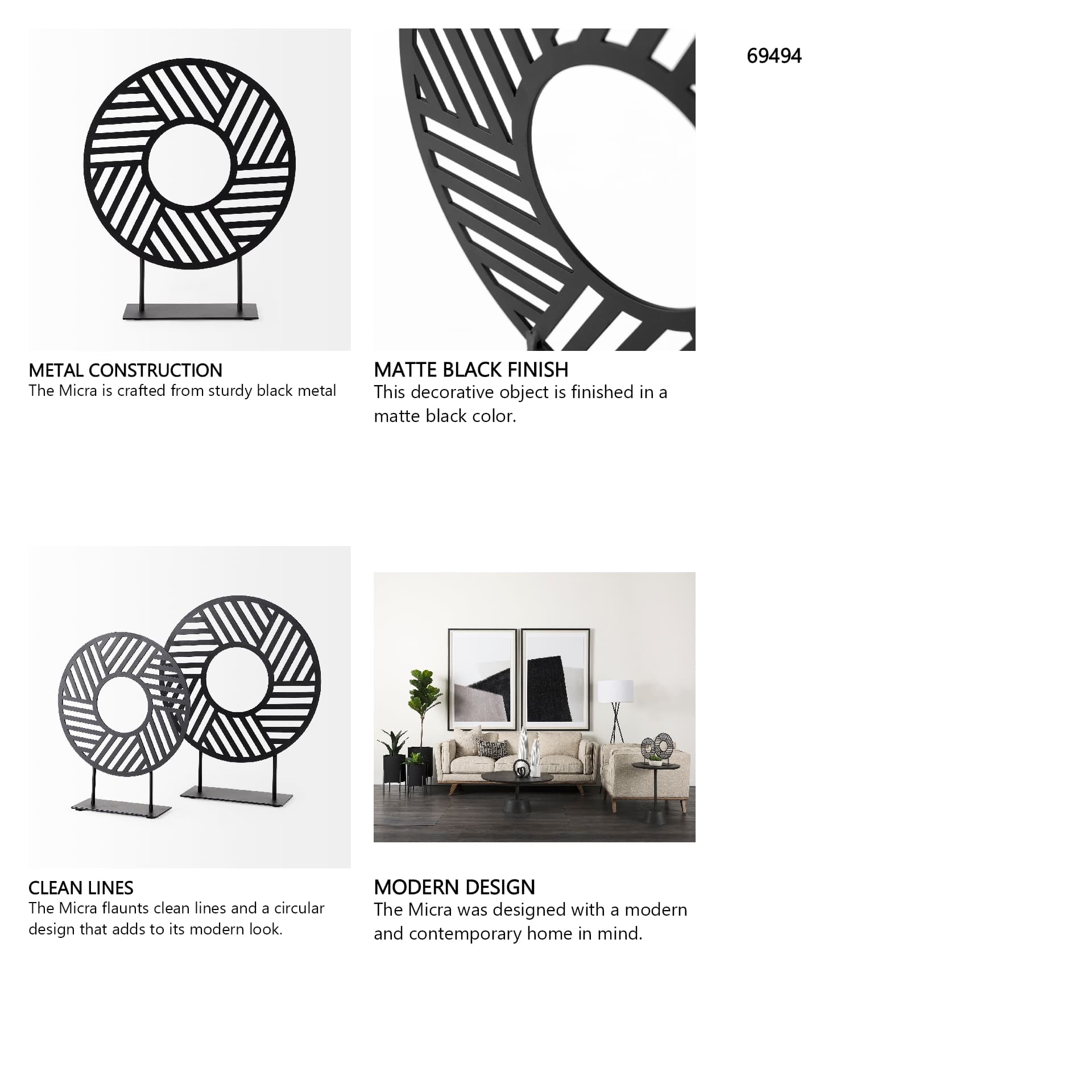 Micra 11.0L x 3.0W x 13.4H Matte Black Metal Decorative Object on a Stand — in a styled room