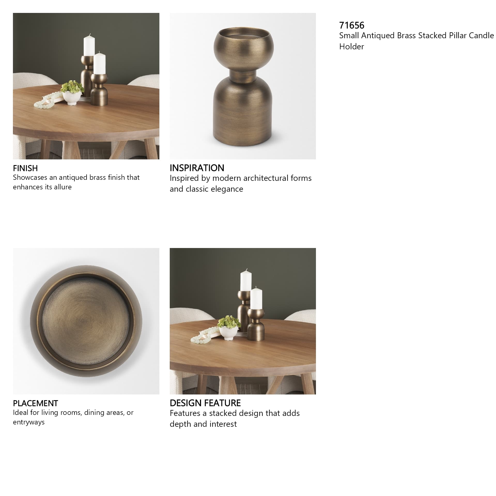 Pelar Small Antiqued Brass Stacked Pillar Candle Holder — in a styled room