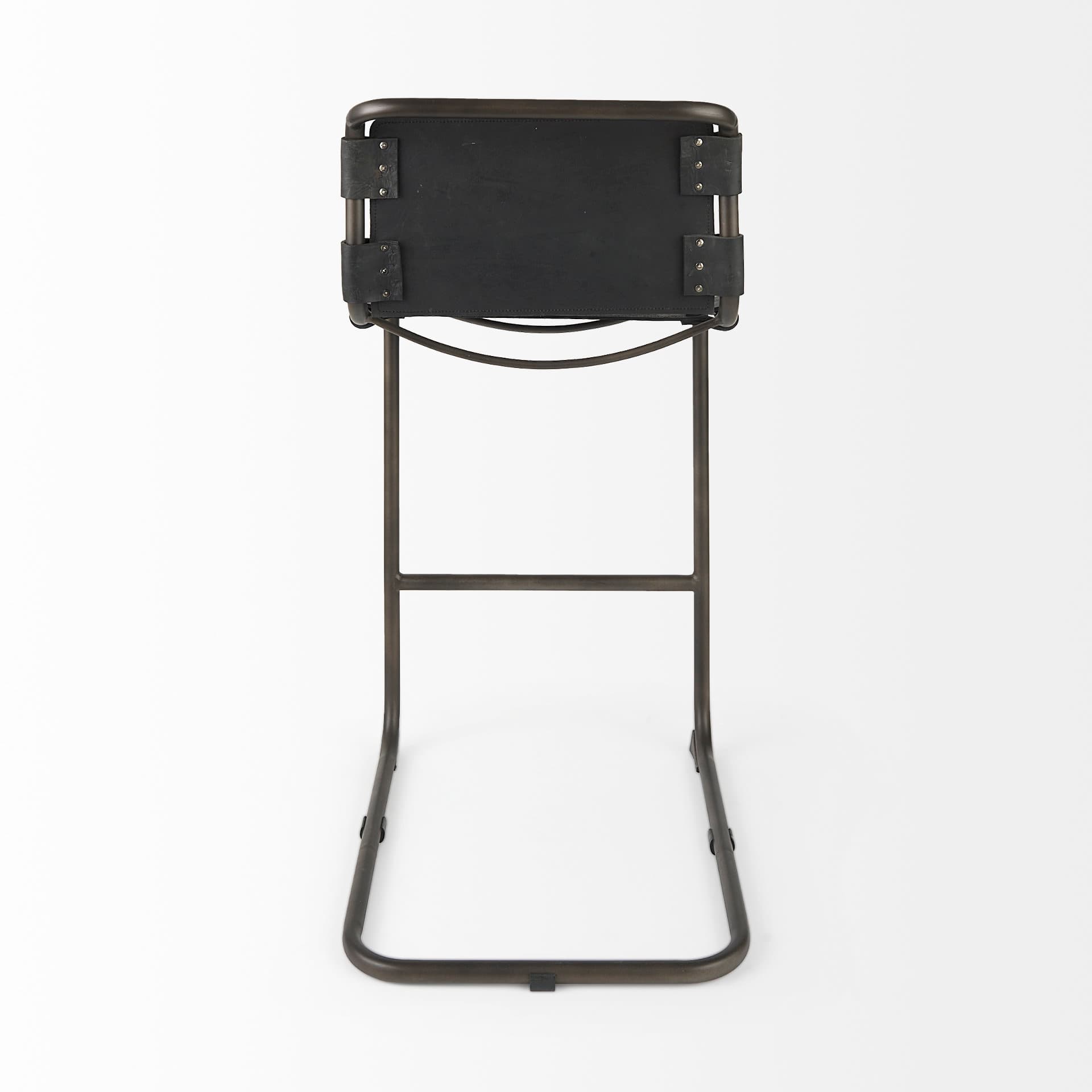 Berbick Low Back 26in Seat Counter Stool | Black Leather w/ Gray Metal — product photograph