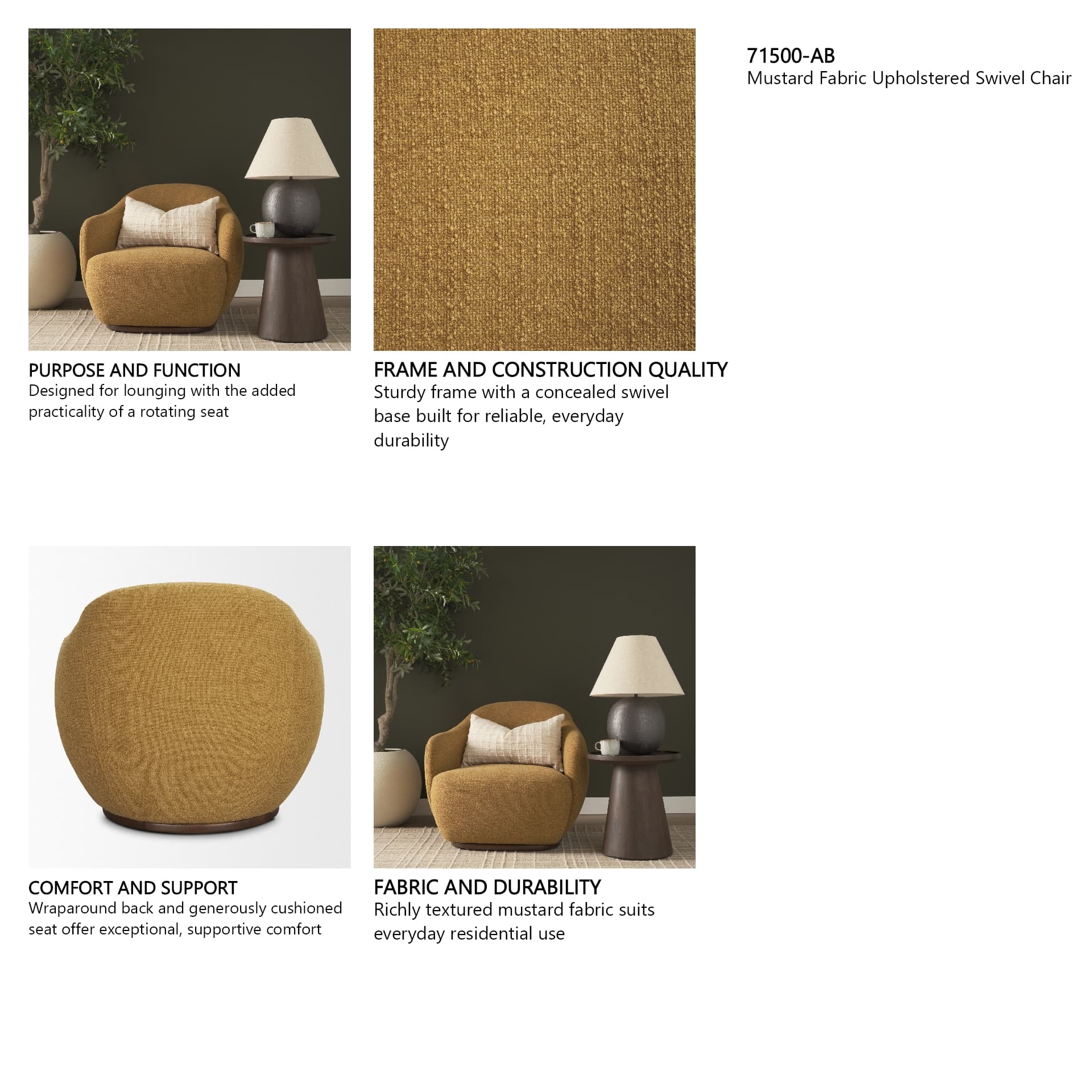 Hudson Mustard Fabric Upholstered Swivel Chair — in a styled room