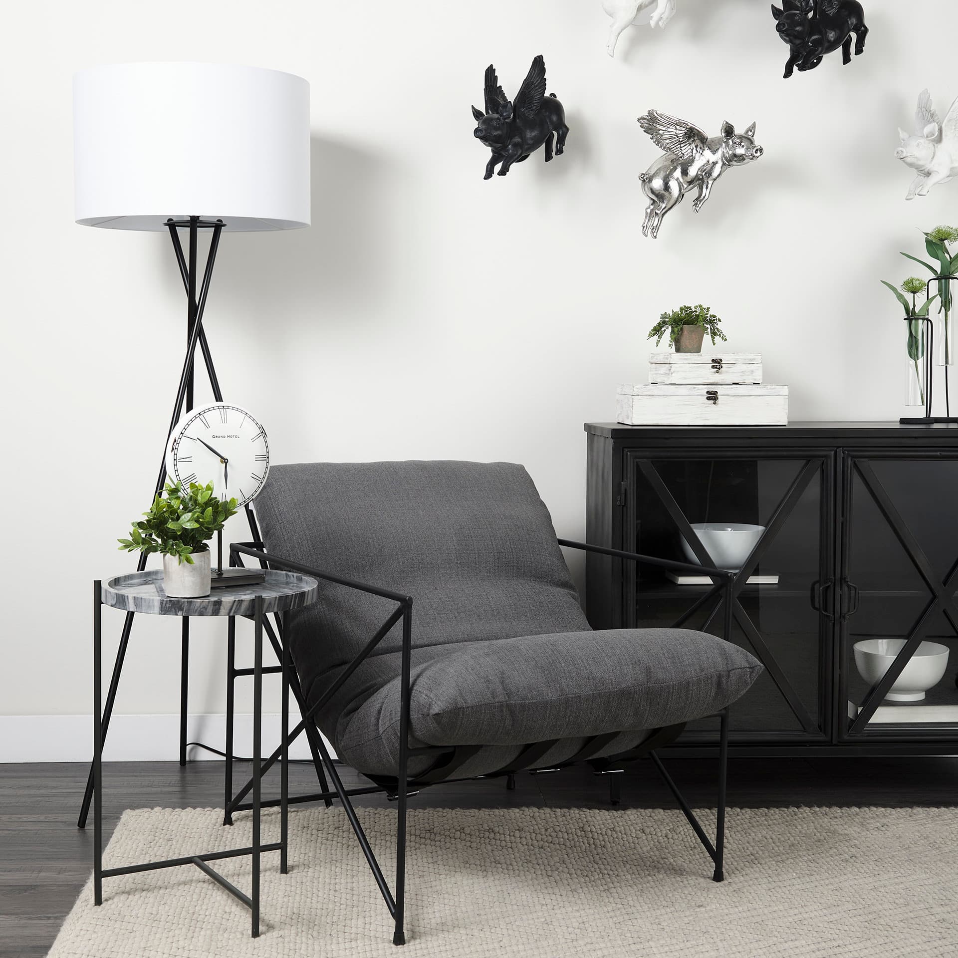 Leonidas 28.5L x 29.5W x 34.0H Grey Fabric Wrap Black Metal Frame Accent Chair — product photograph