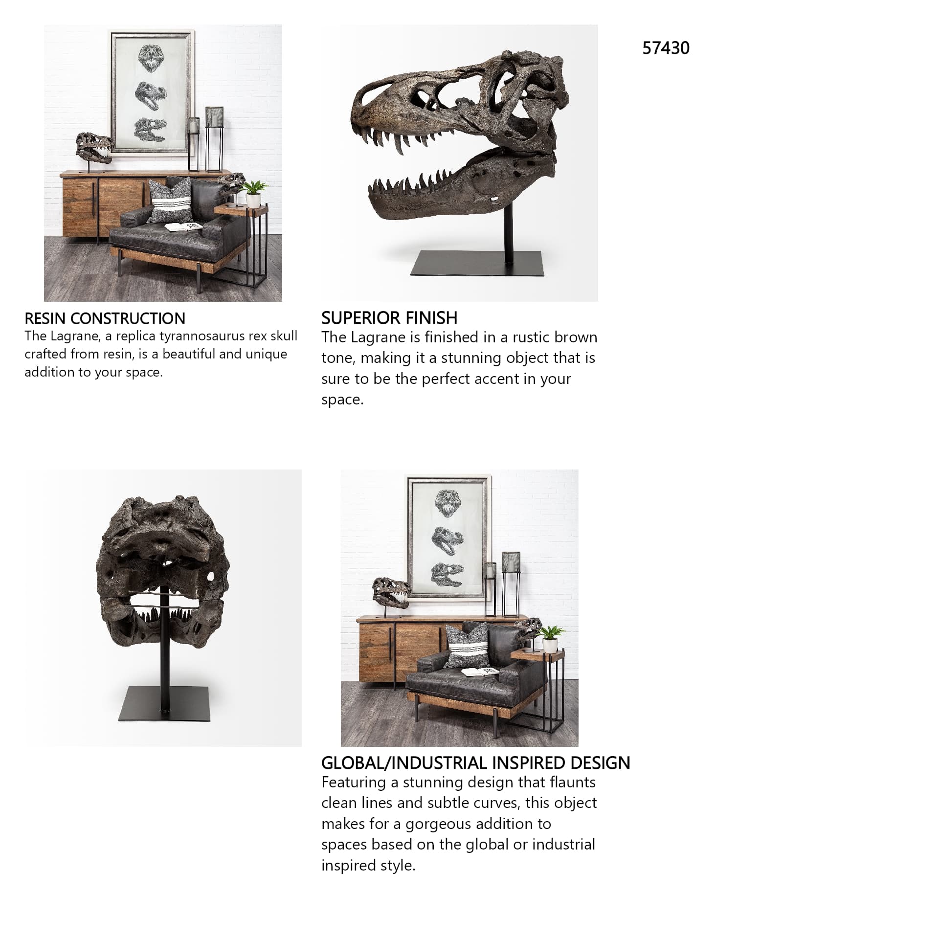 Lagrane 19L x 11W Brown Resin Tyrannosaurus T Rex Dinosaur Skull Replica — in a styled room