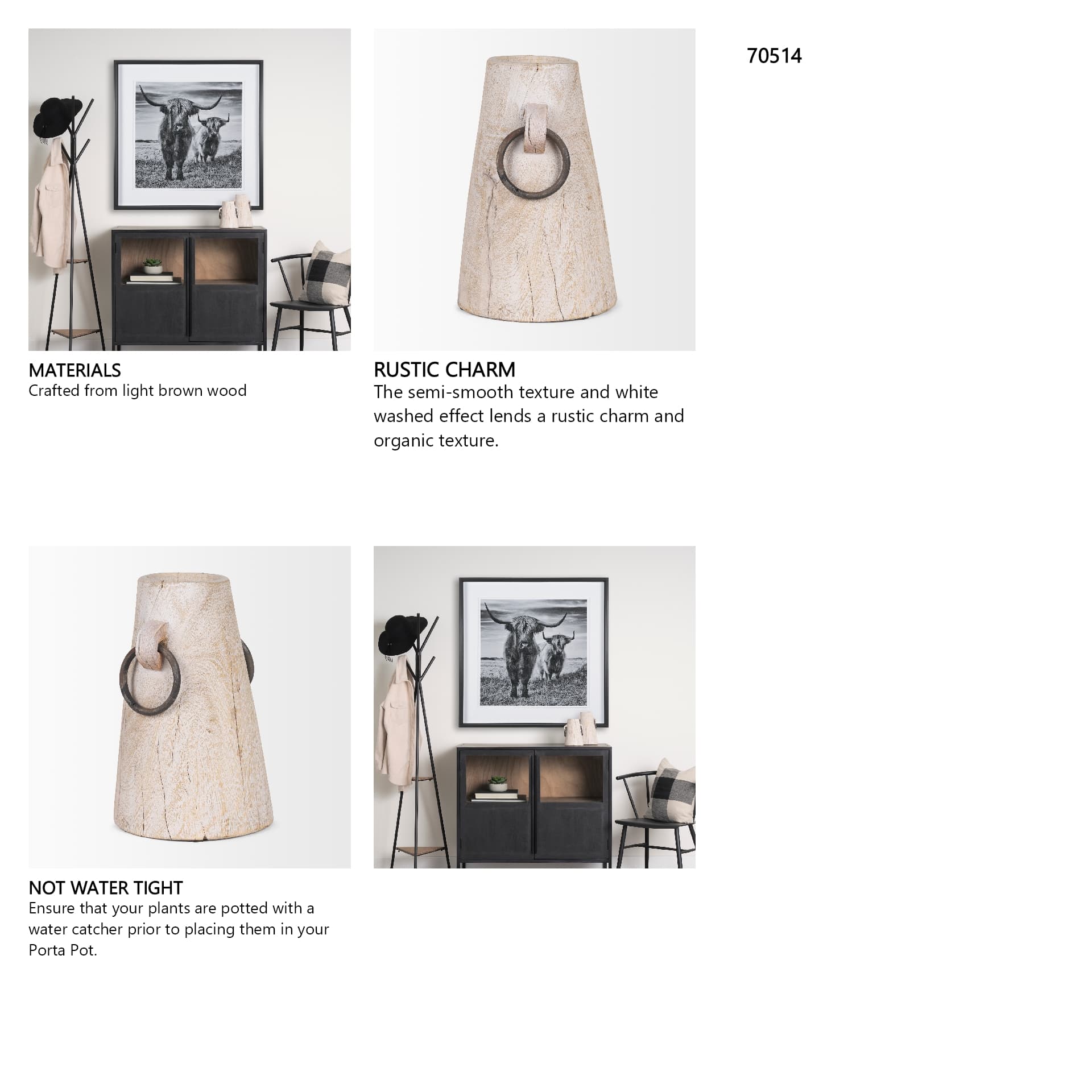Monique Large Light Brown w/ Handles Wood Pot — in a styled room