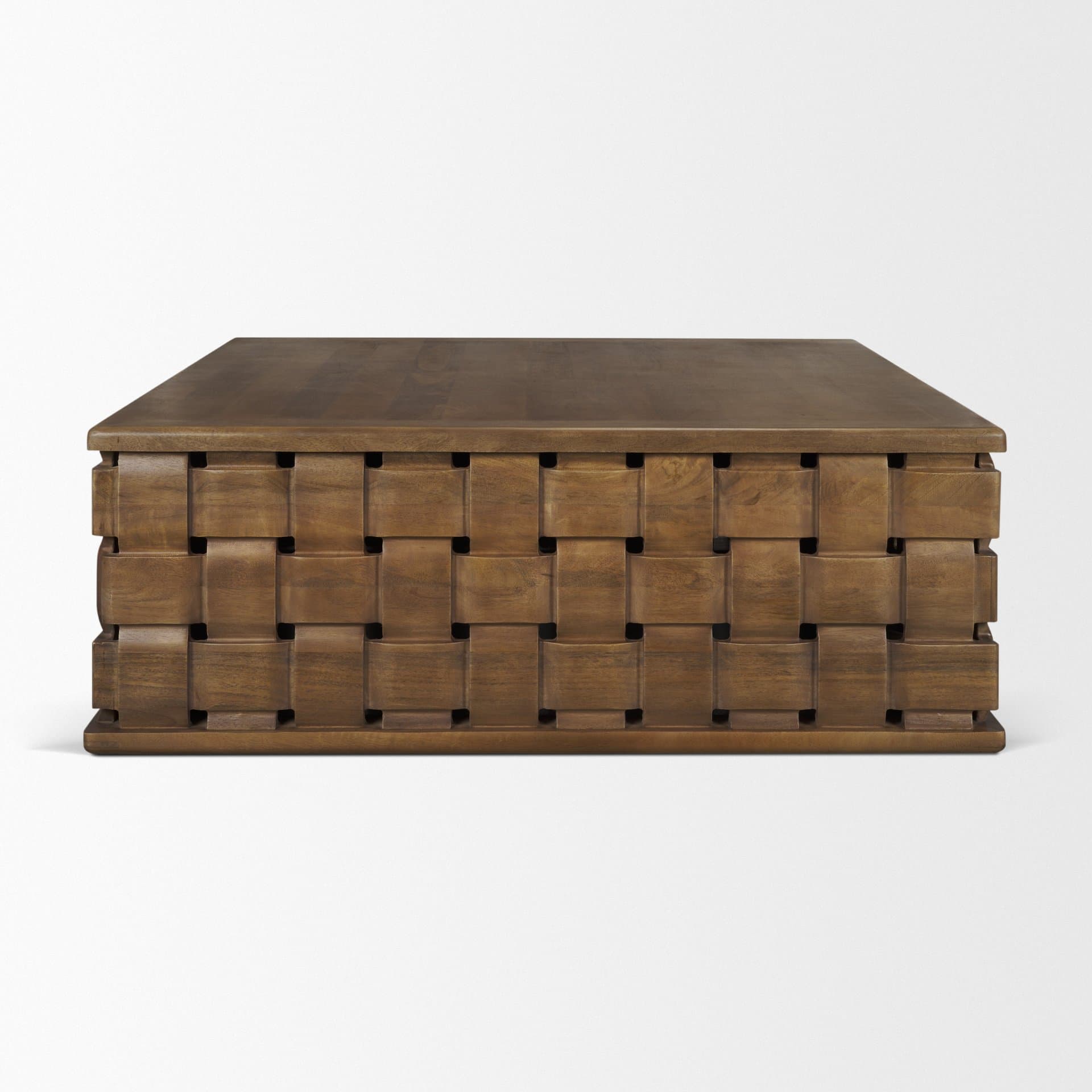 Trellyn 48" Dark Brown Wood w/ Carved Woven Base Square Coffee Table — product photograph