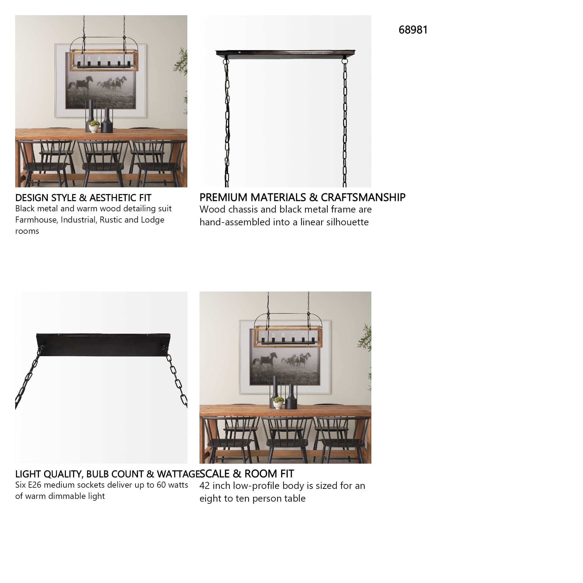 Josie (42"x14.5"x20") Natural Wood Chassis Six Light Chandelier — in a styled room
