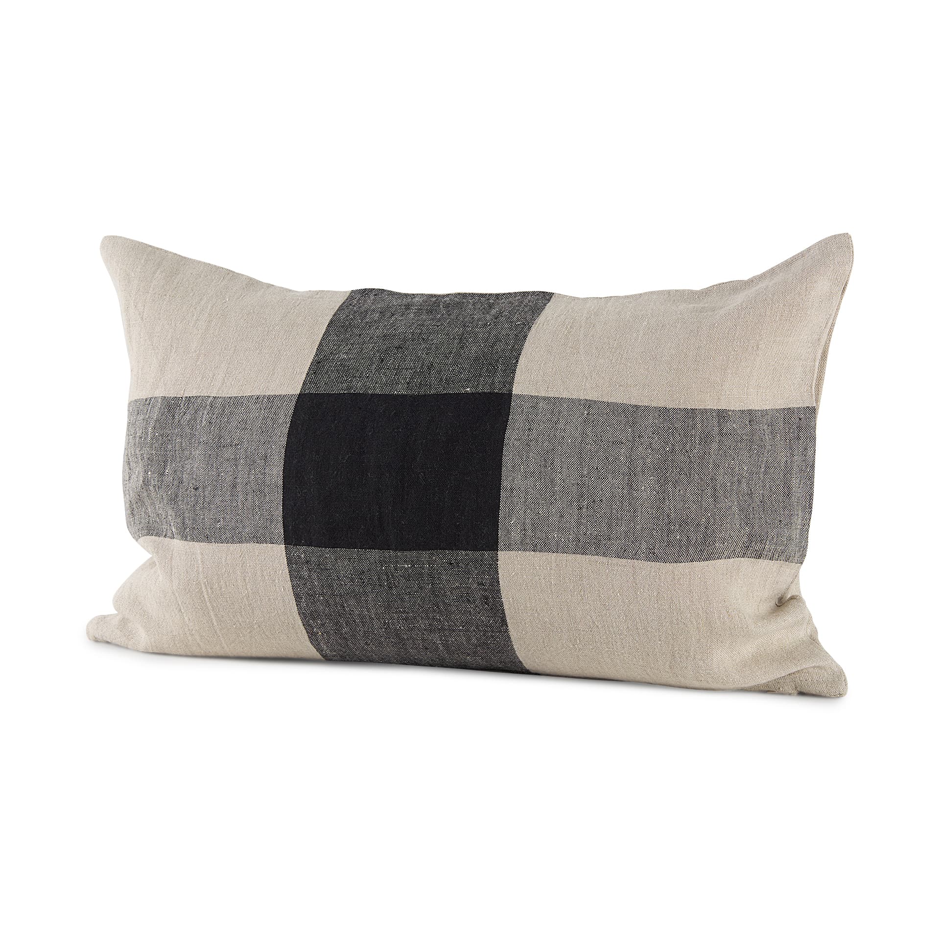 Raquel 13x21 Beige and Black Fabric Plaid Pillow Cover w/Down Filler — product photograph