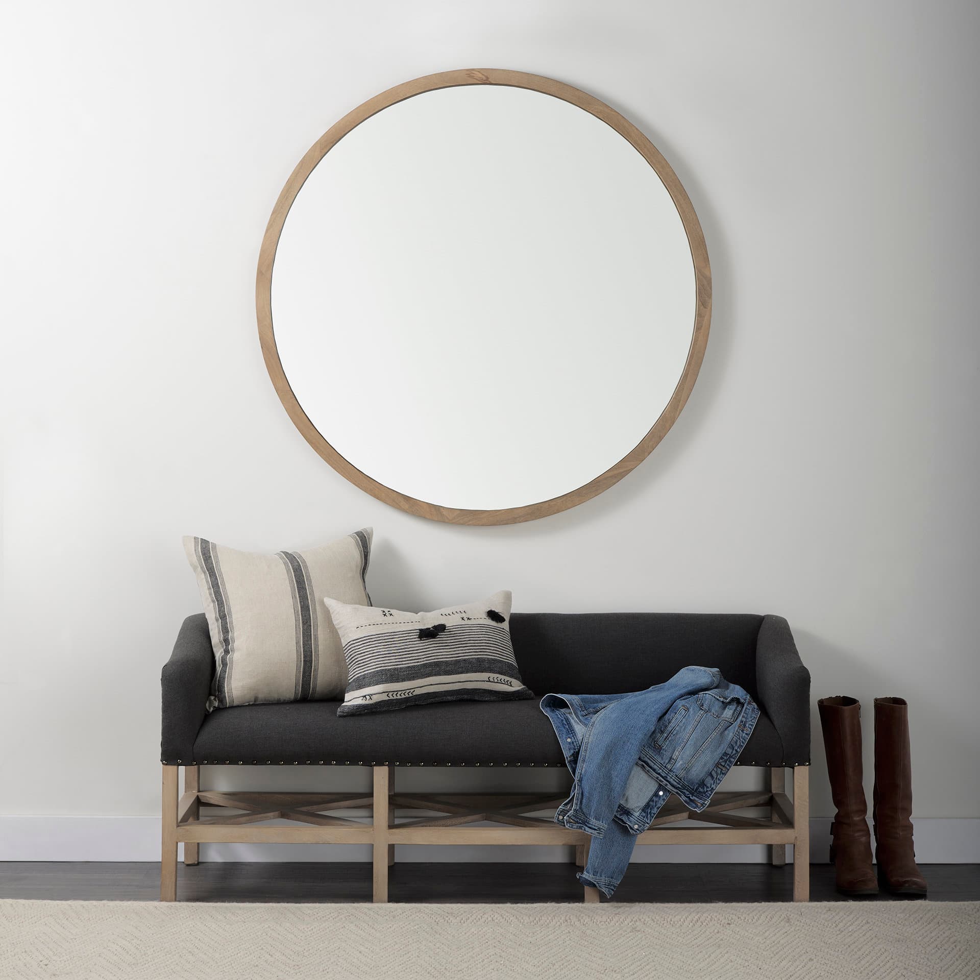 Bergen 60.0L x 19.0W x 25.5H Dark Gray Fabric W/ Light Brown Wooden Base Accent Bench — in a styled room
