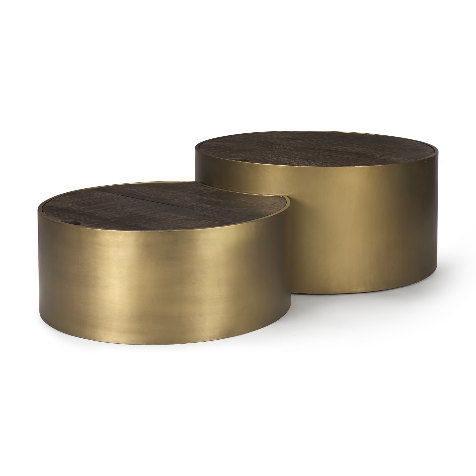 Eclipse Antique Brass Metal Drum Base w/ Dark Brown Wood Top Nested Coffee Table — product photograph