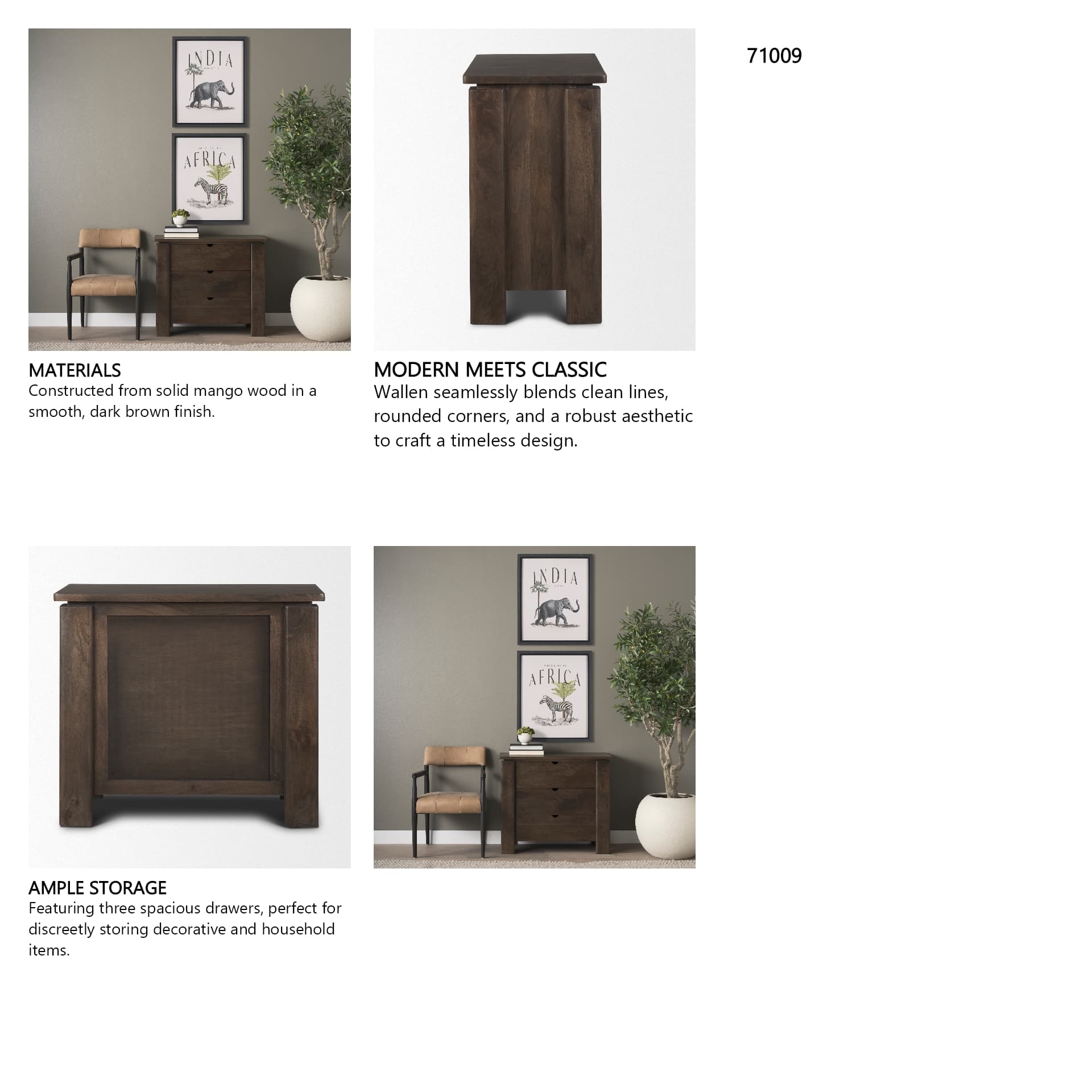 Wallen Solid Dark Brown Wood 3 Drawer Accent Cabinet — in a styled room