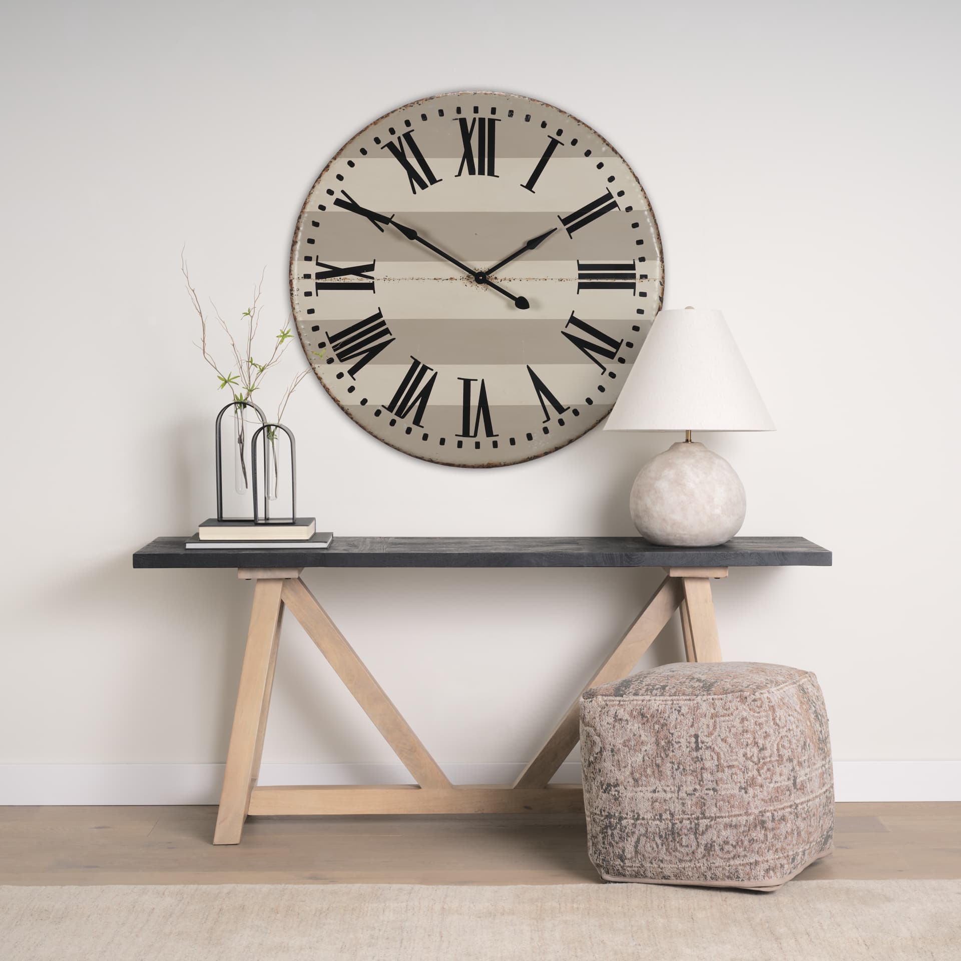 Belton 41.5" Round Oversize Farmhouse Wall Clock — in a styled room