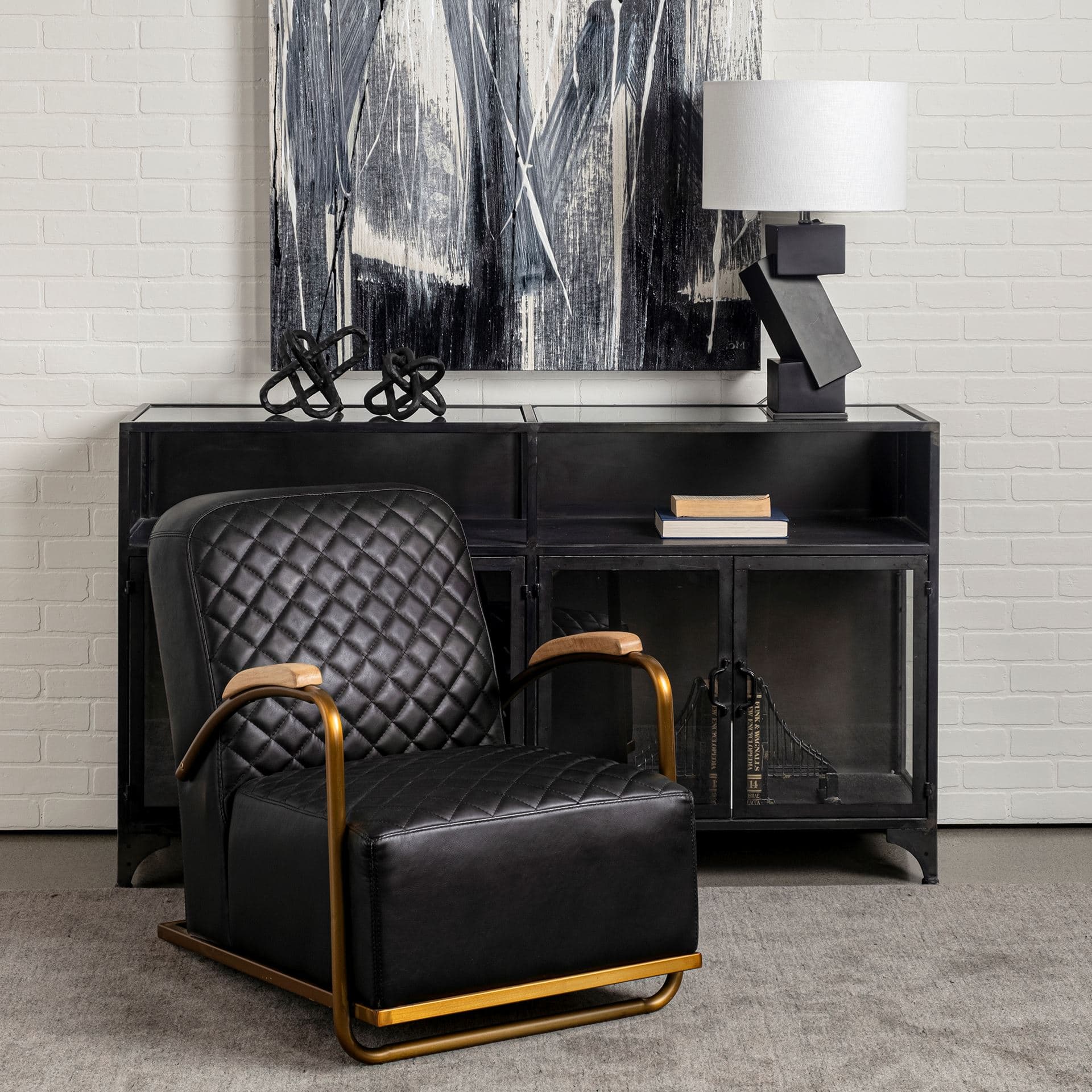 Horace I Black Leather Diamond Pattern w/Gold Iron Frame Accent Chair — product photograph