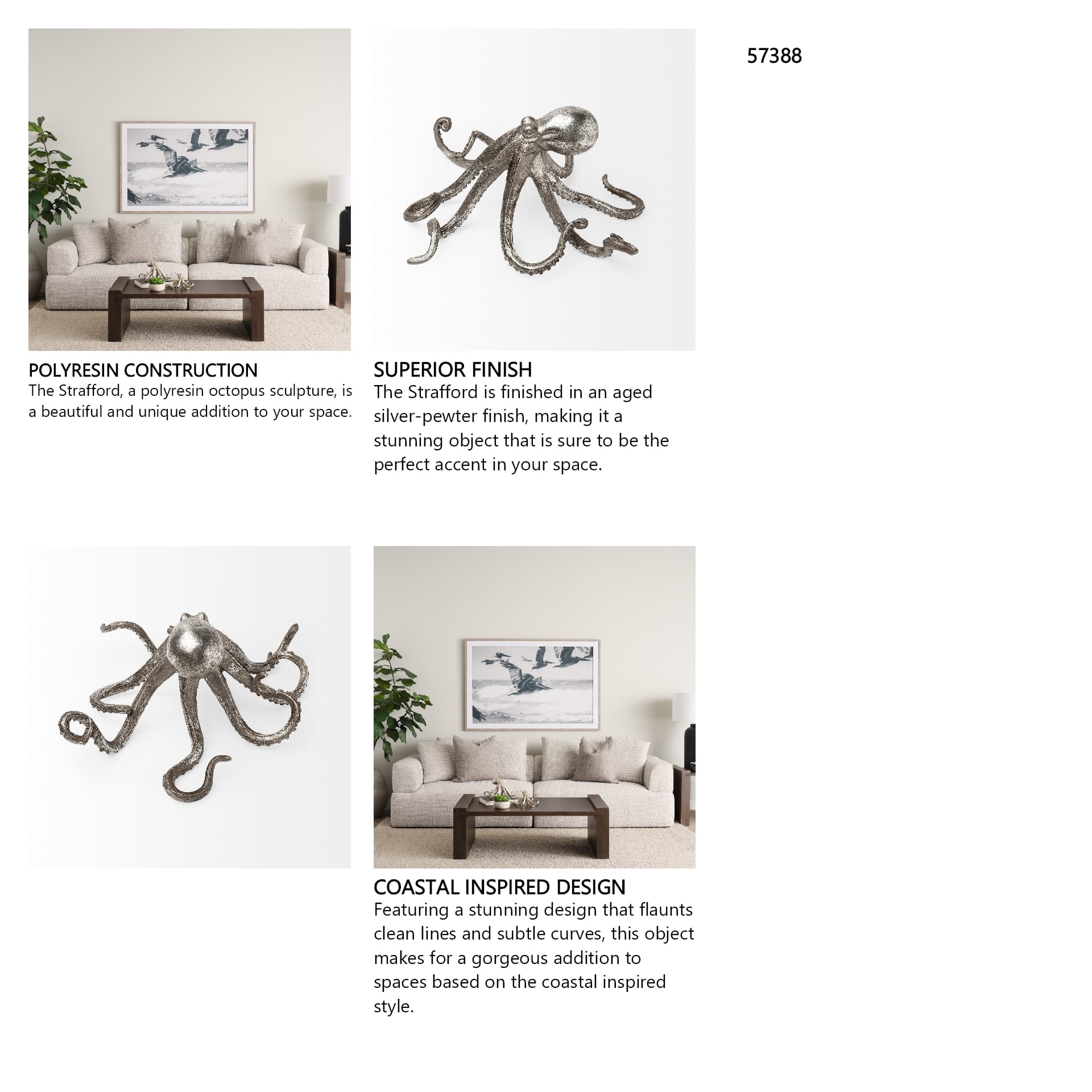 Strafford Medium 13L x 7W Silver Resin Octopus — in a styled room