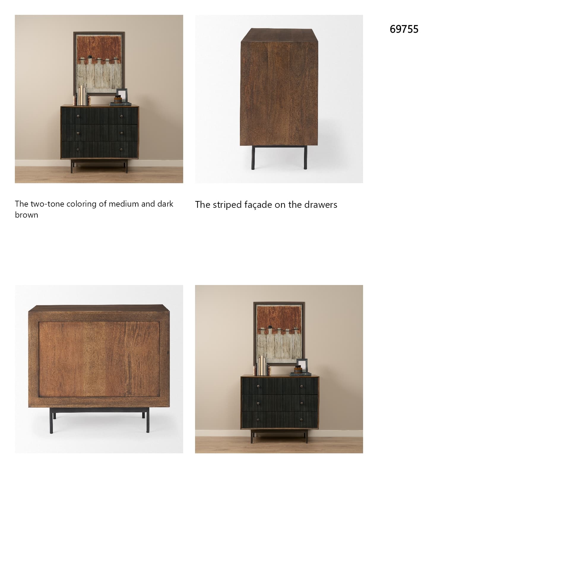 Grace 35.5L x 18.0W x 31.0H Medium Brown Wood W/Black Metal Frame 3 Drawer Accent Cabinet — in a styled room