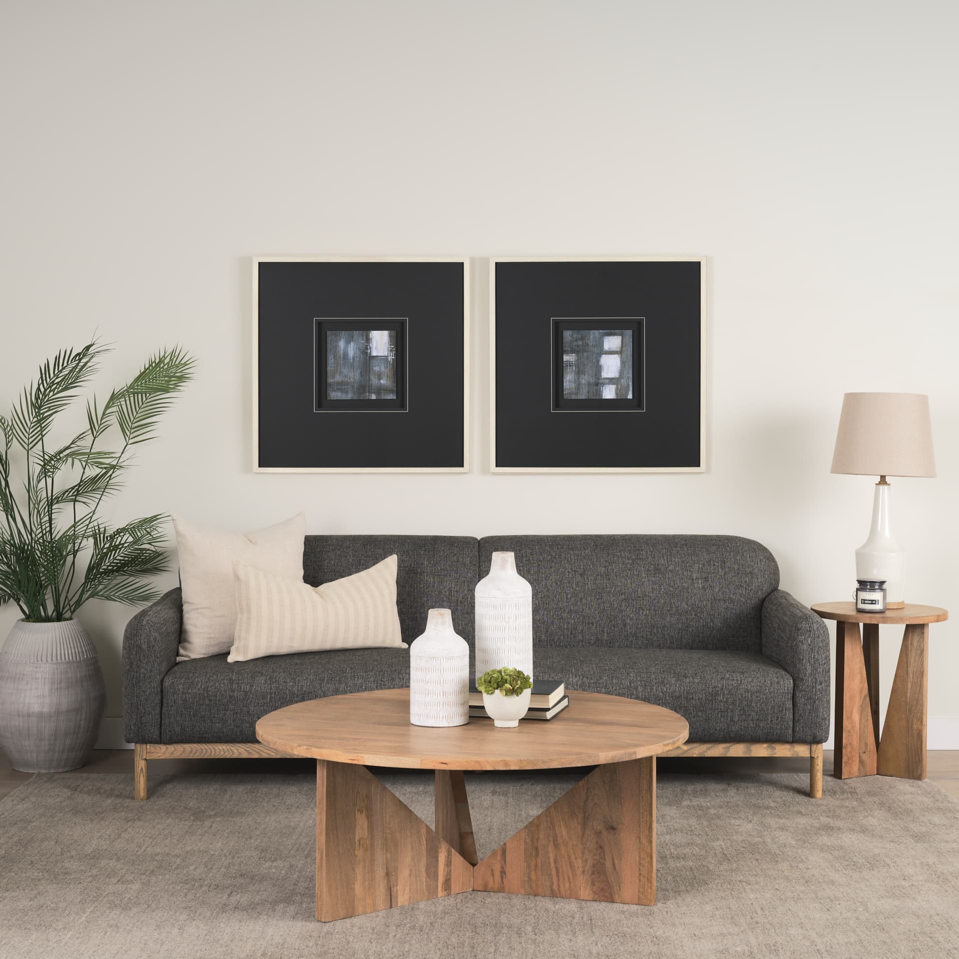 Hale Sofa W/ Medium Brown Wood and Gray Fabric — in a styled room