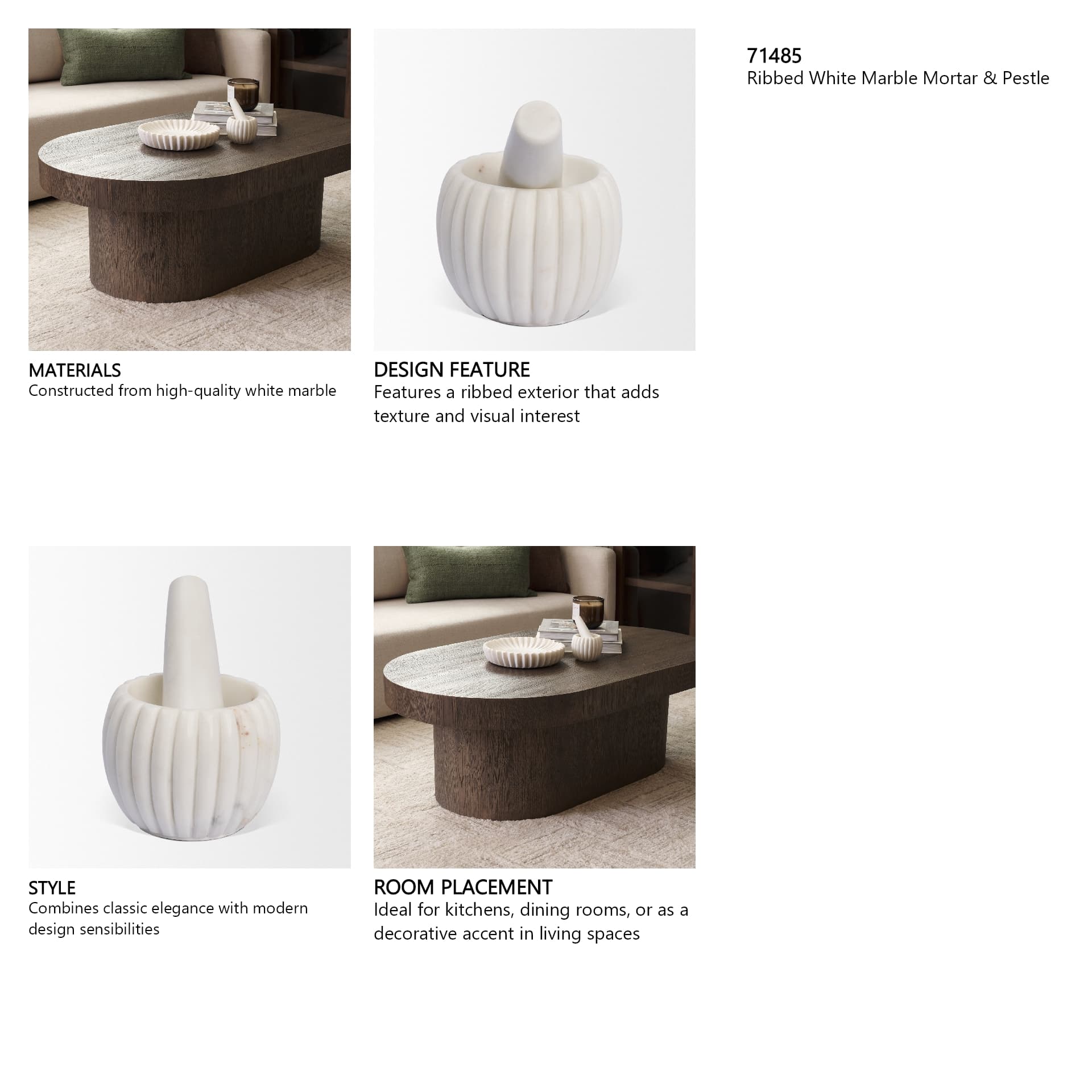 Cava Ribbed White Marble Mortar & Pestle — in a styled room