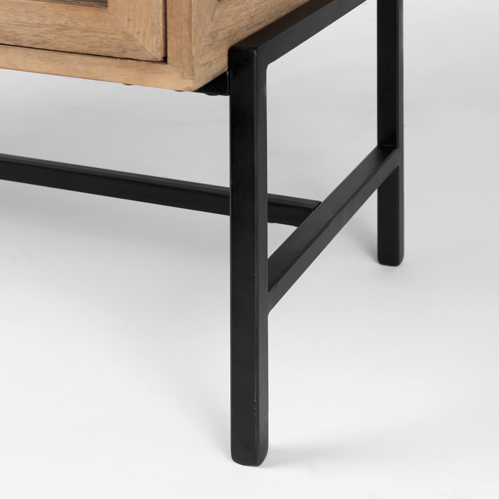 Arelius 36L x 18W x 32H Light Brown Wood, Black Metal Base w/ 2 Glass Doors Accent Cabinet — product photograph