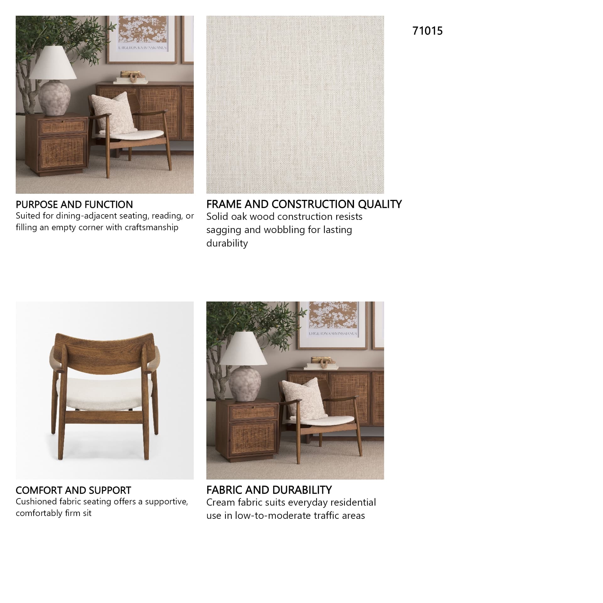 Haggen Medium Brown Oak Wood w/ Cream Fabric Accent Chair — in a styled room
