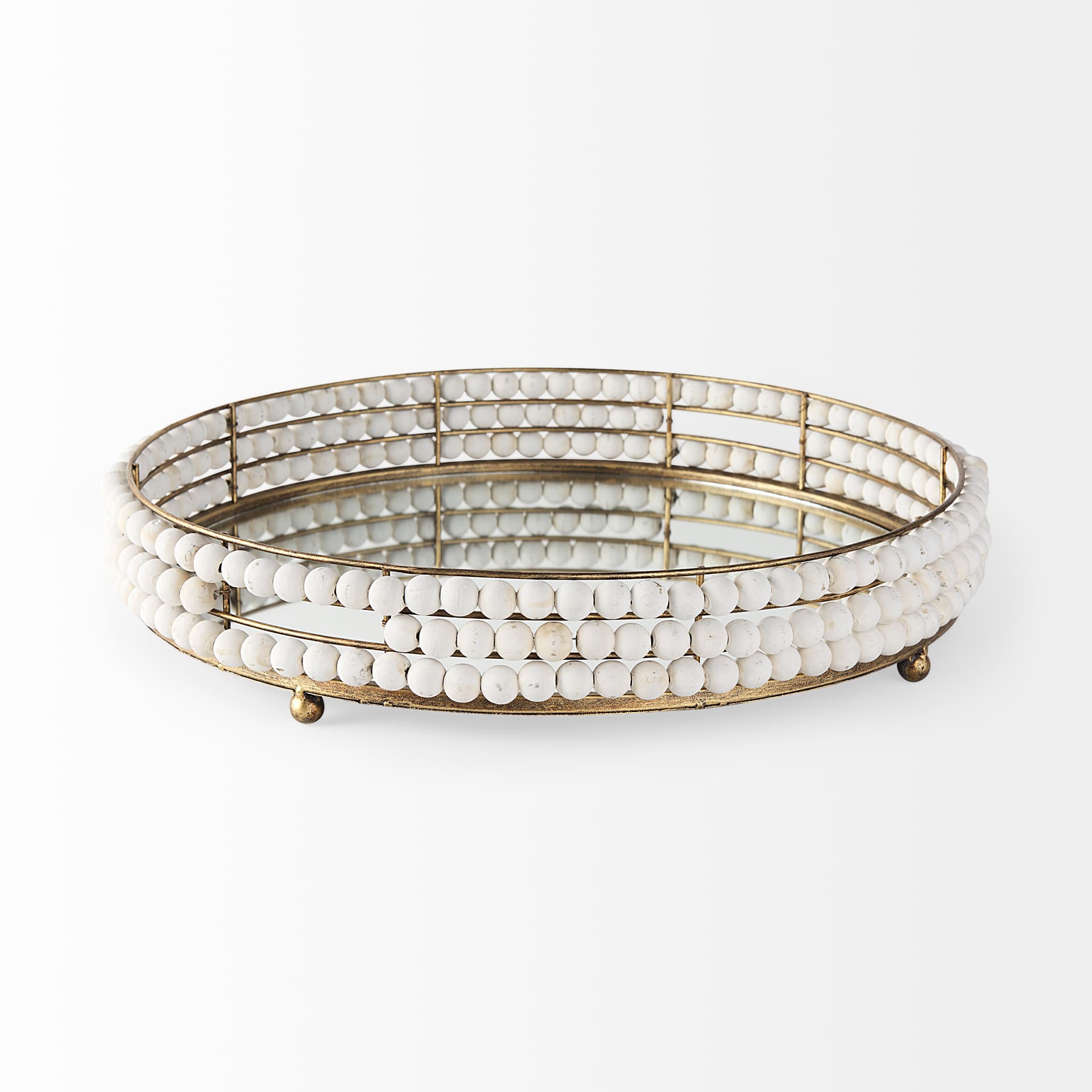Decatur I 21L x 21W White Wooden Bead Mirrored Bottom Round Tray — product photograph