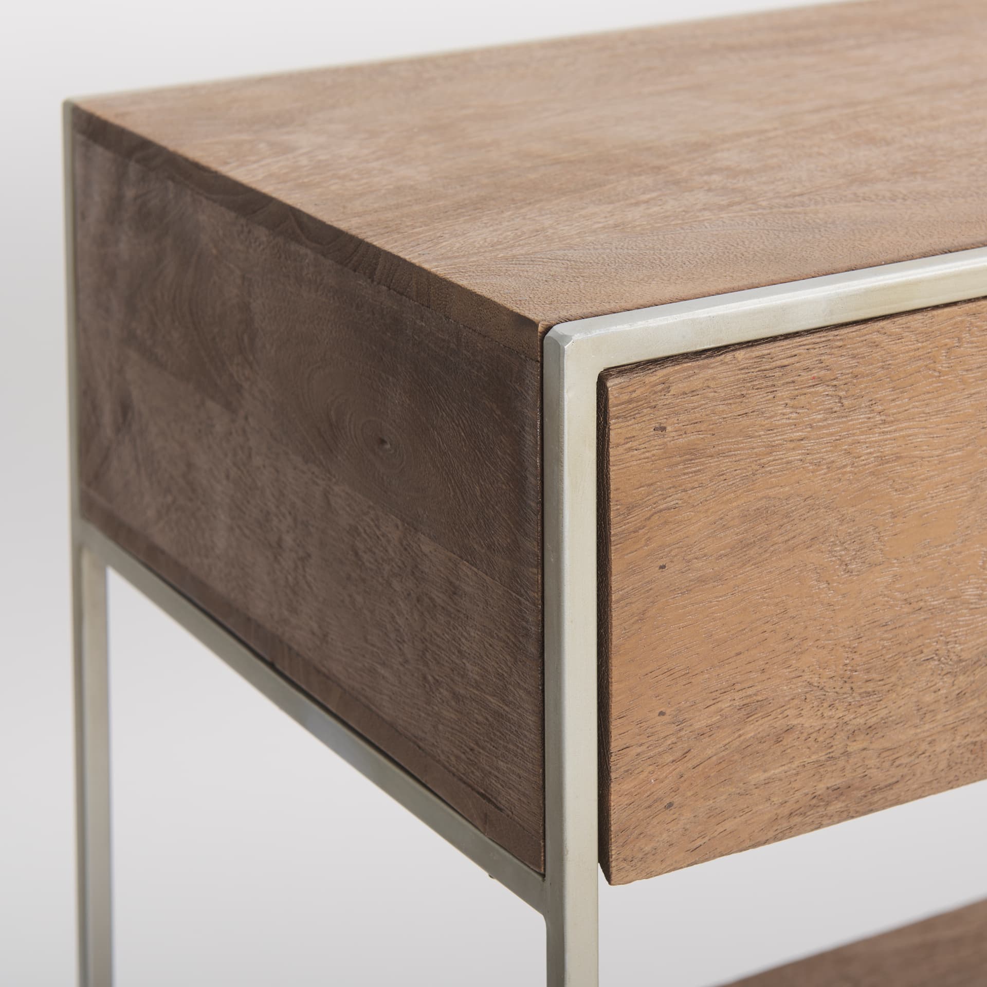 Morris I 63L x 15W x 31H Brown Wood w/ Silver Metal Frame 2 Drawer Console Table — product photograph