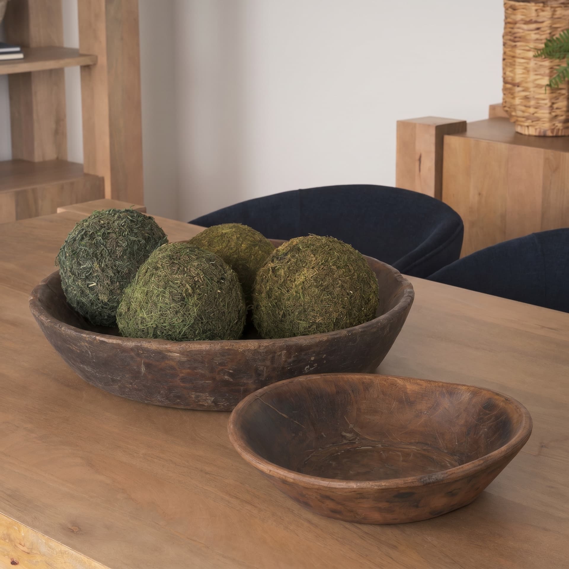 Nikita Set of 2 Large Medium Brown Reclaimed Wood Bowls — in a styled room