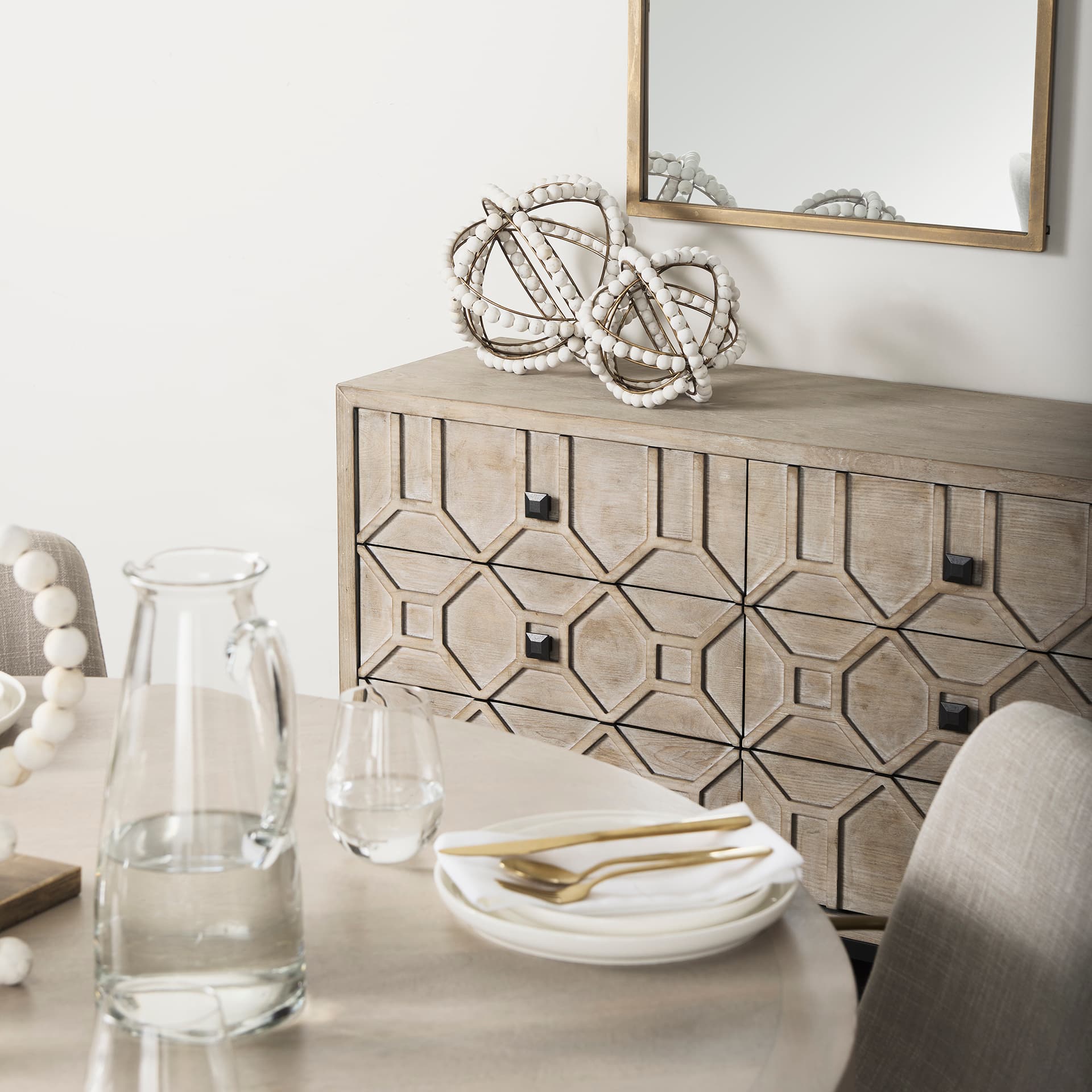 Genevieve II Light Brown Fir Veneer 9 Drawer Sideboard — in a styled room