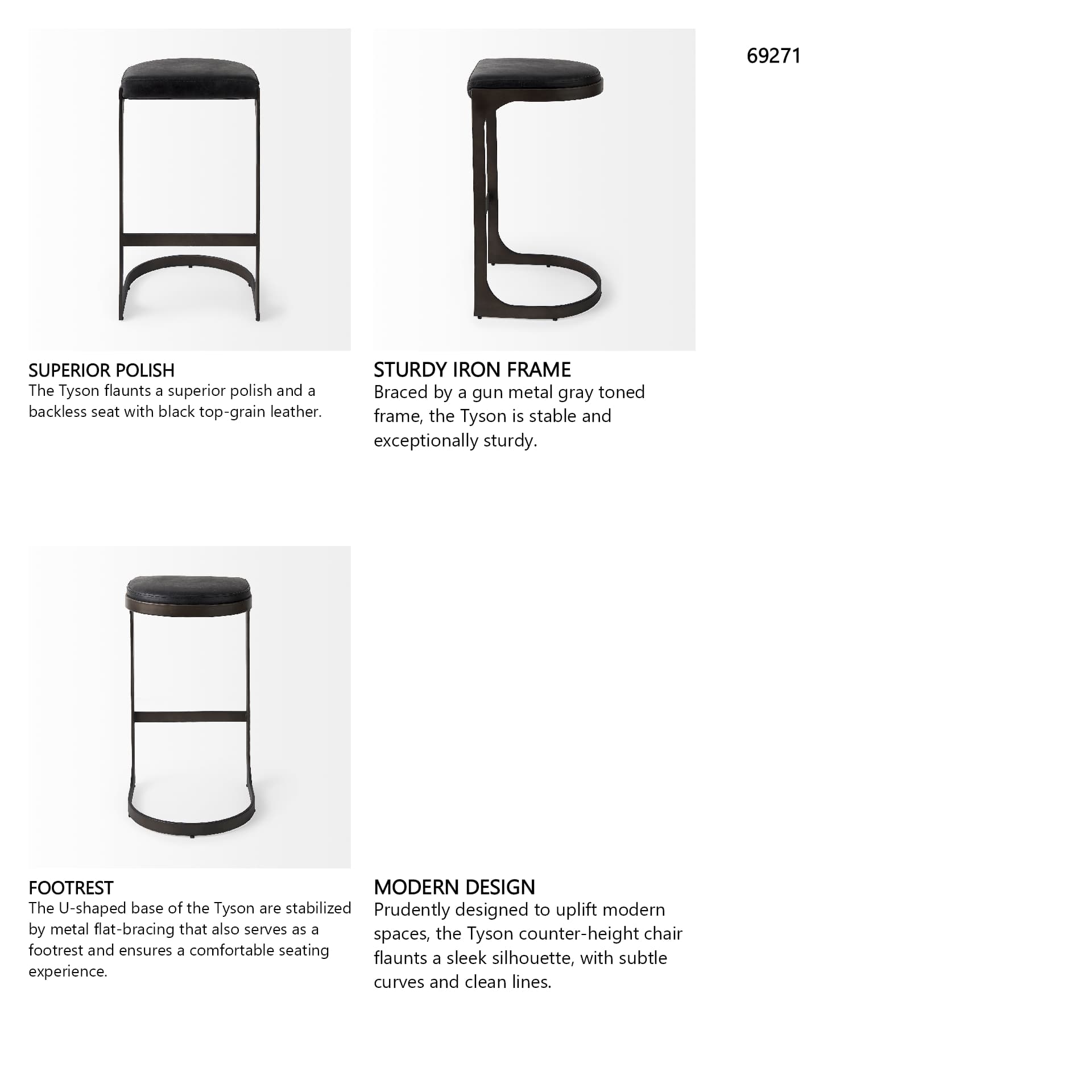 Tyson Backless 31in Seat Bar Stool | Black Leather w/ Black Metal — product photograph