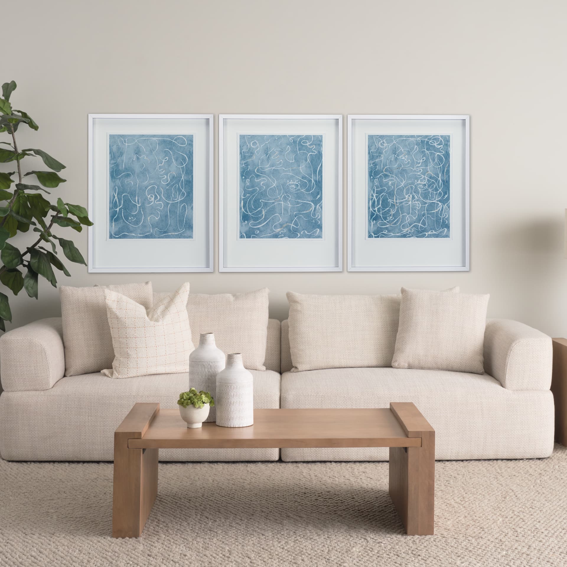 Thread Blue III by Mercana Studio a Hand Embellished Textured Framed Art Print Matted under Glass — in a styled room