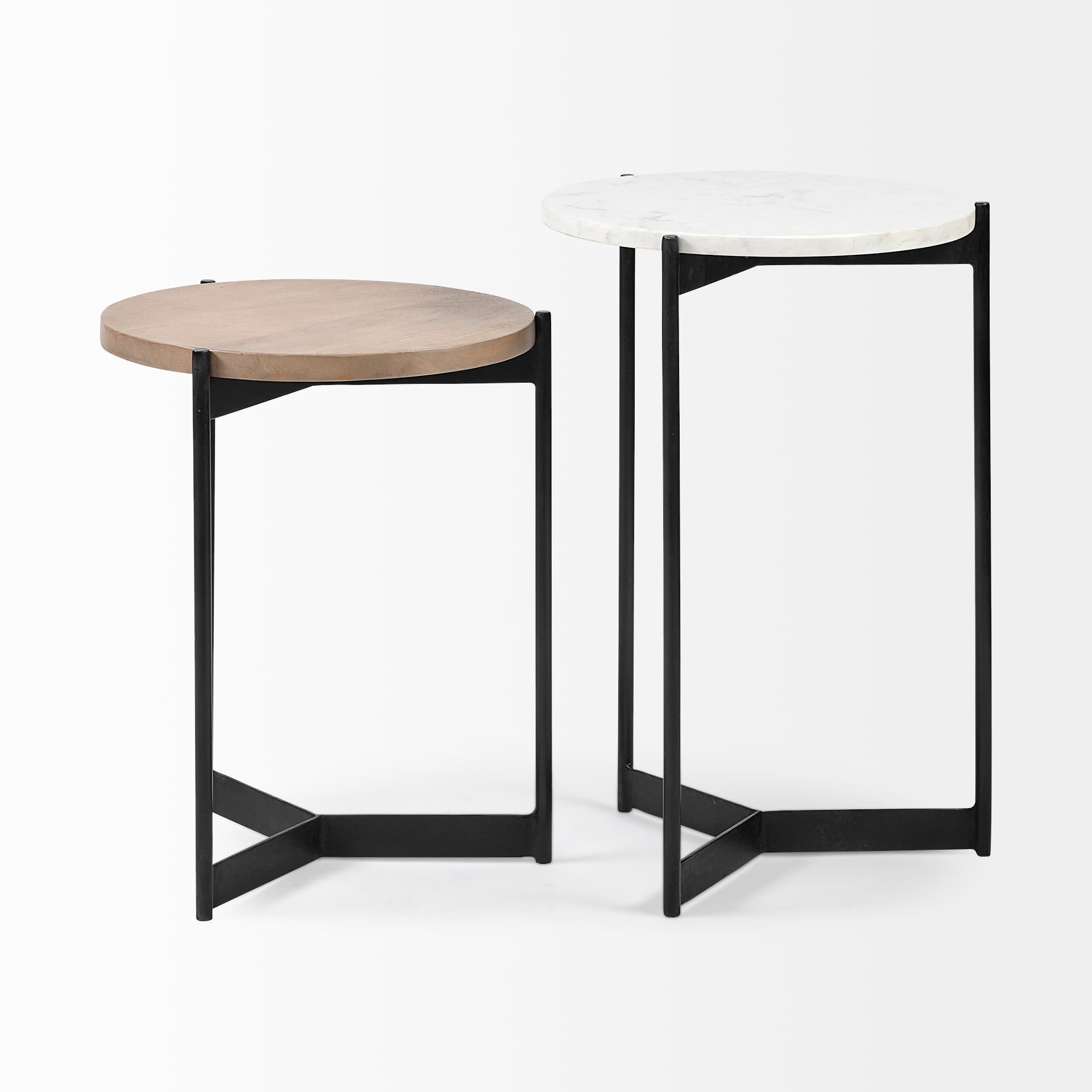 Larkin II Marble and Medium Brown Wood Round Tabletop Nesting End/Side Tables — product photograph