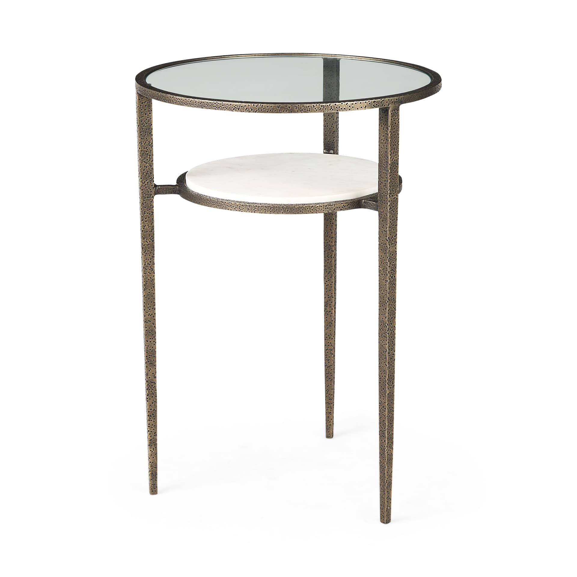 Felicity 15.8L X 15.8W X 22.5H Glass Top W/ White Marble Shelf and Antique Gold Base End/Side Table — product photograph