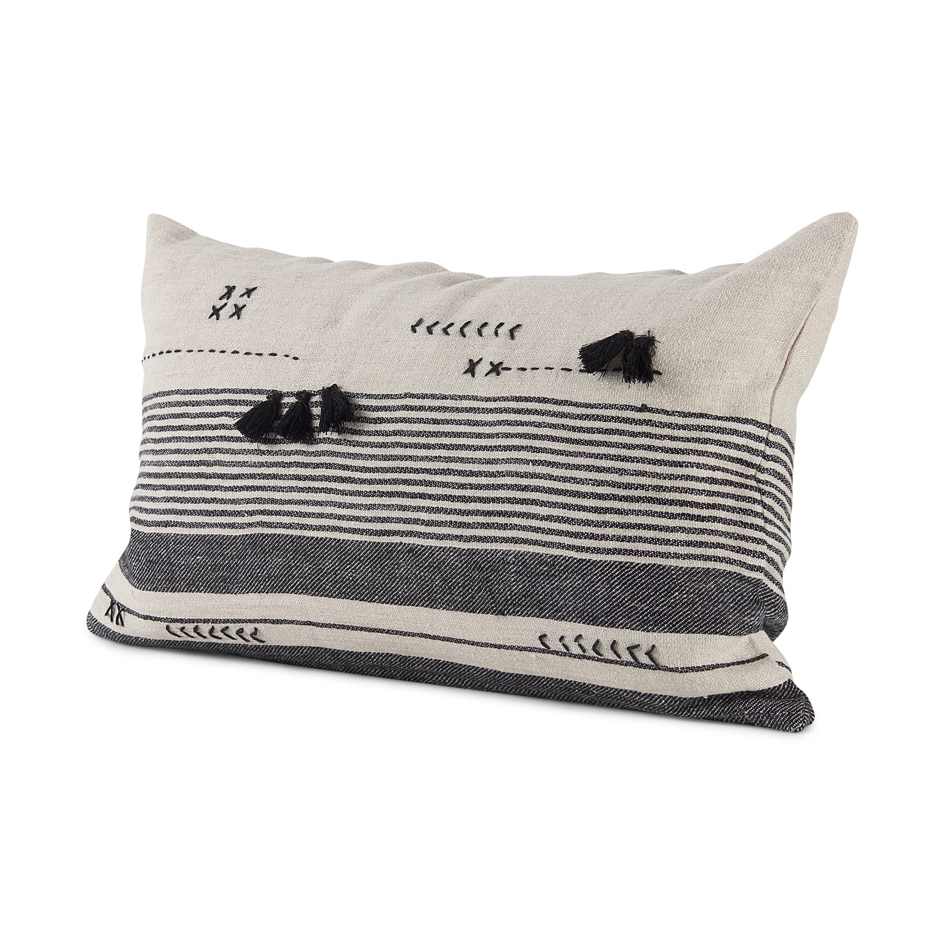 Thalia 13x21 Black and Beige Fabric Striped w/Fringe Pillow Cover w/Down Filler — product photograph