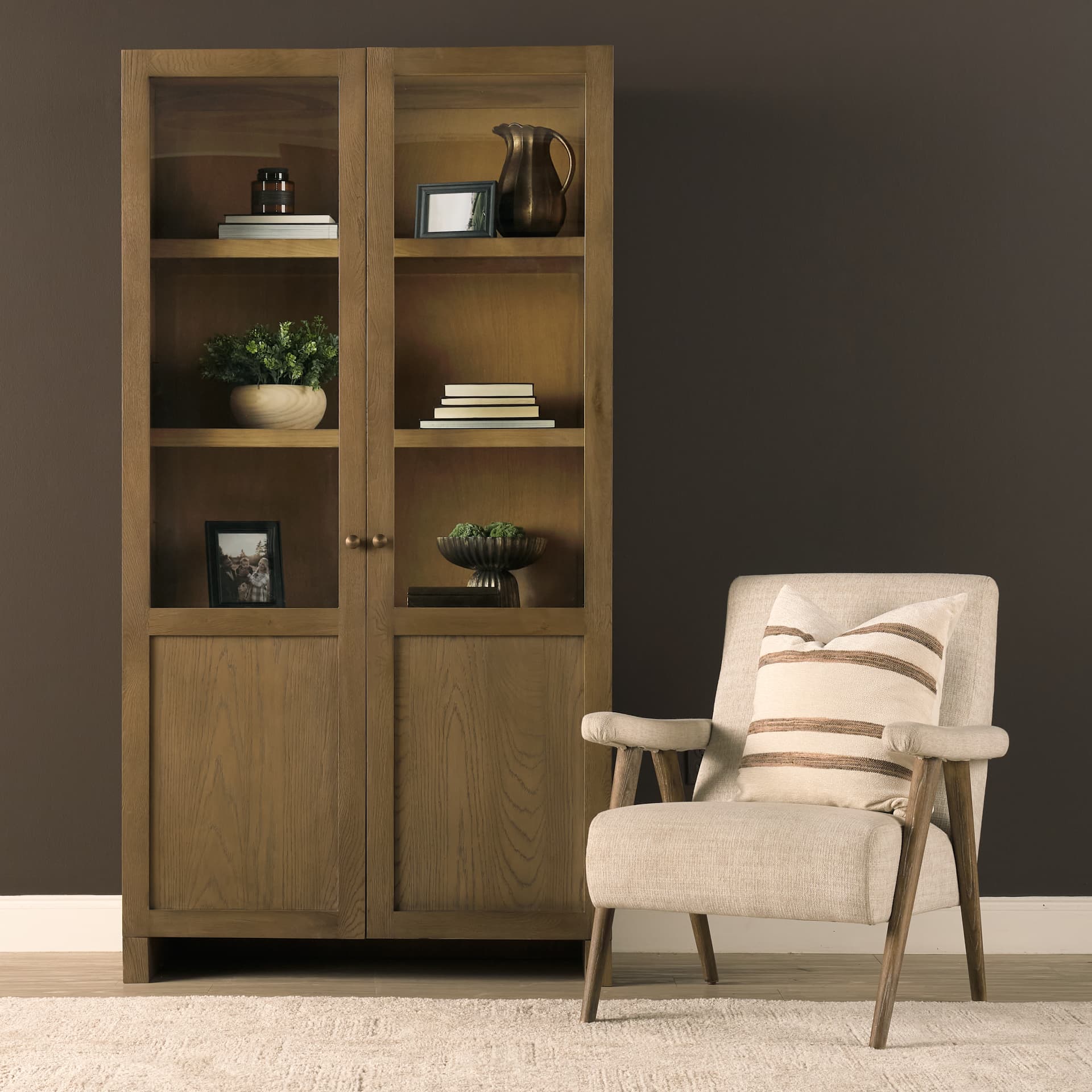 Henry Dark & Light Brown Oak Wood w/ Glass Doors Curio Cabinet — in a styled room