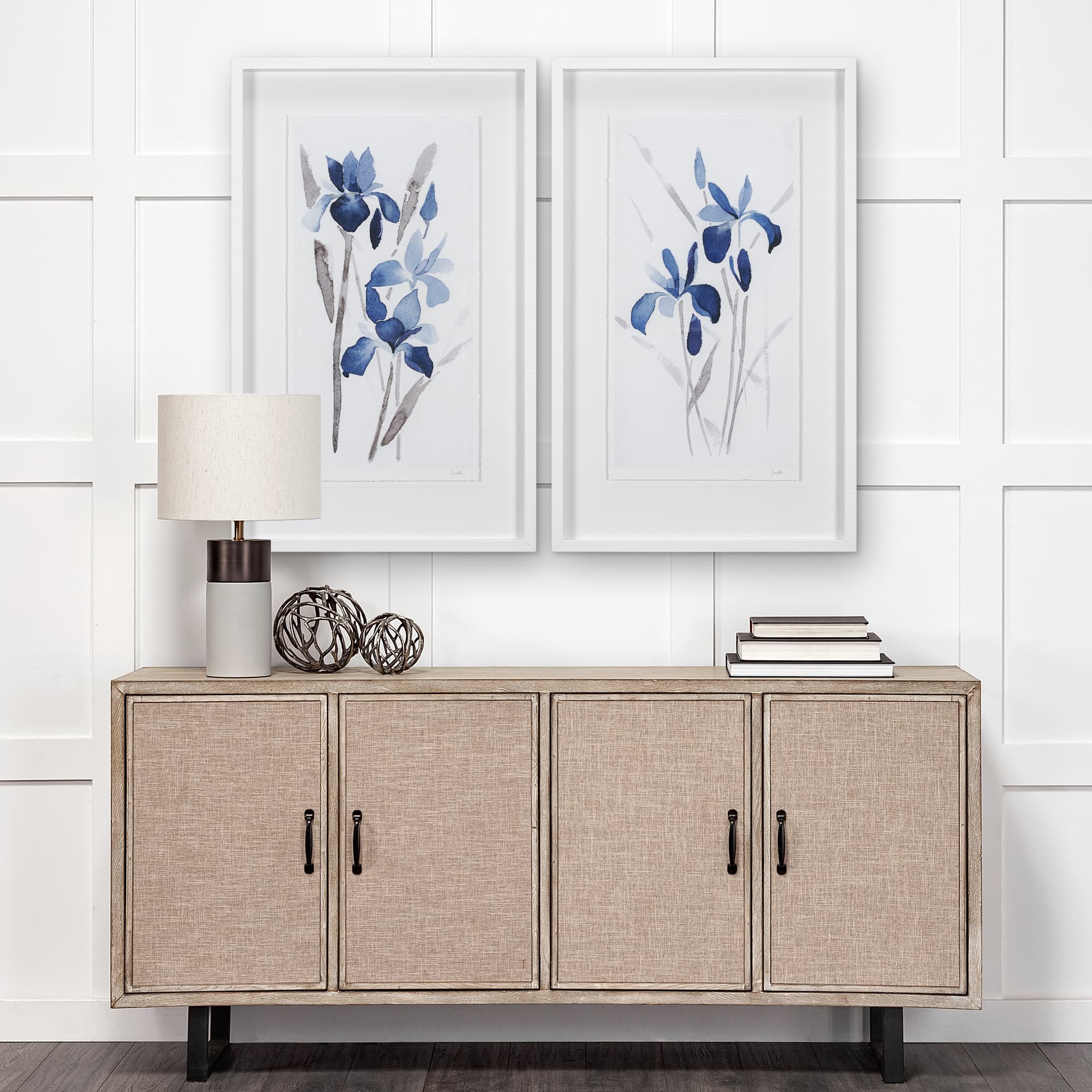 Blue Iris II by Mercana Studio a Hand Embellished Textured Framed Art Print Matted under Glass — in a styled room