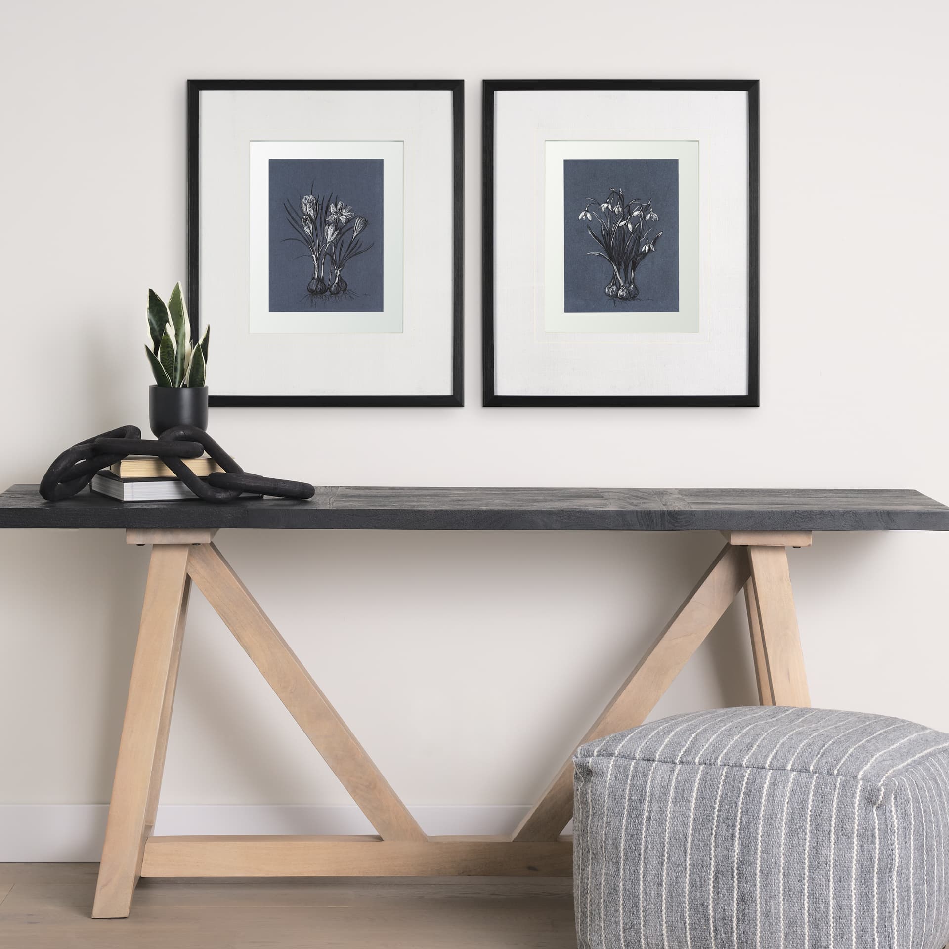 Botanical sketchesVI (Blue) by Mercana Studio Hand Embellished Framed Art Print Matted under Glass — in a styled room