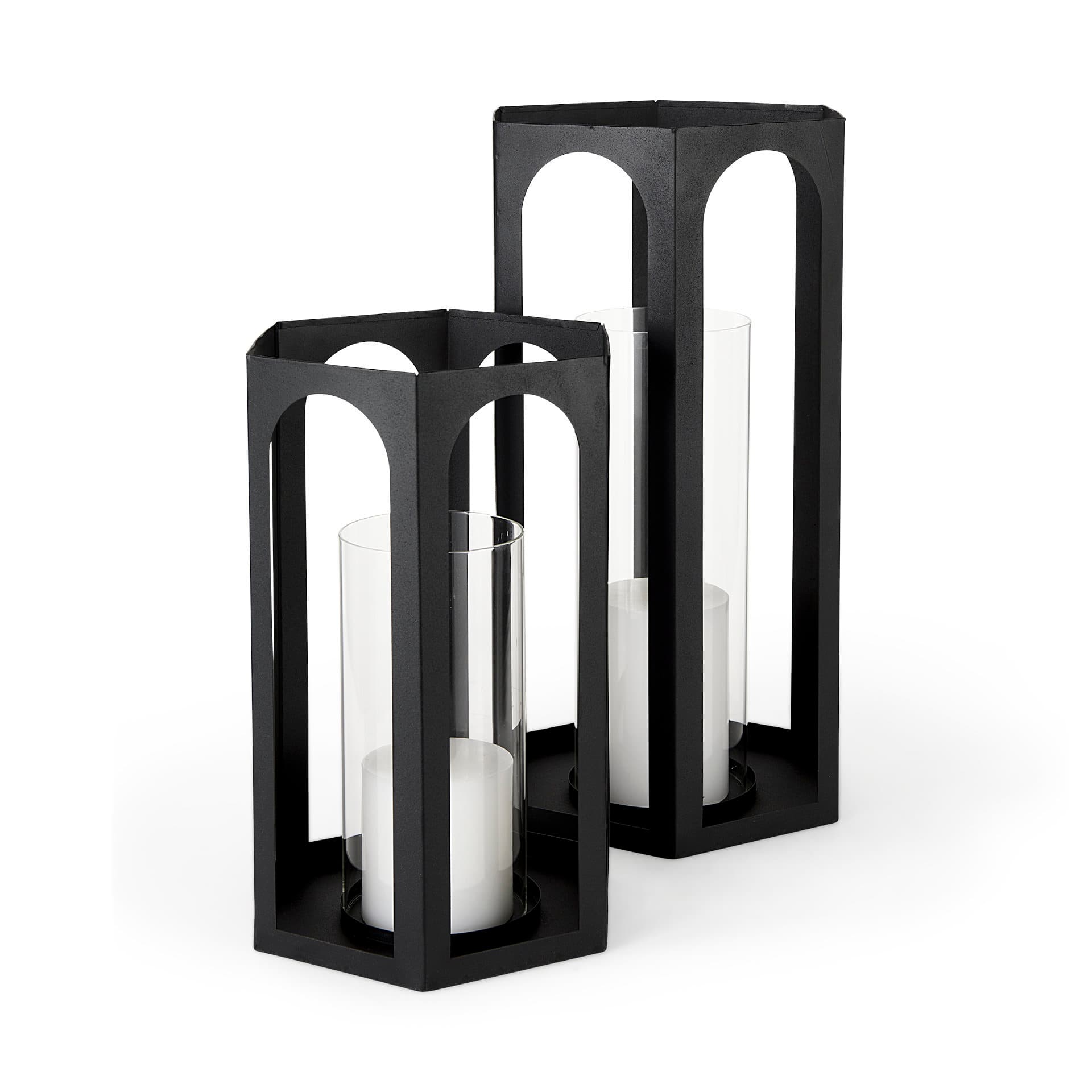 Balley 9.4L x 9.4W x 19.7H Set of Two Matte Black Metal Hexagonal Candle Holder Lanterns — product photograph