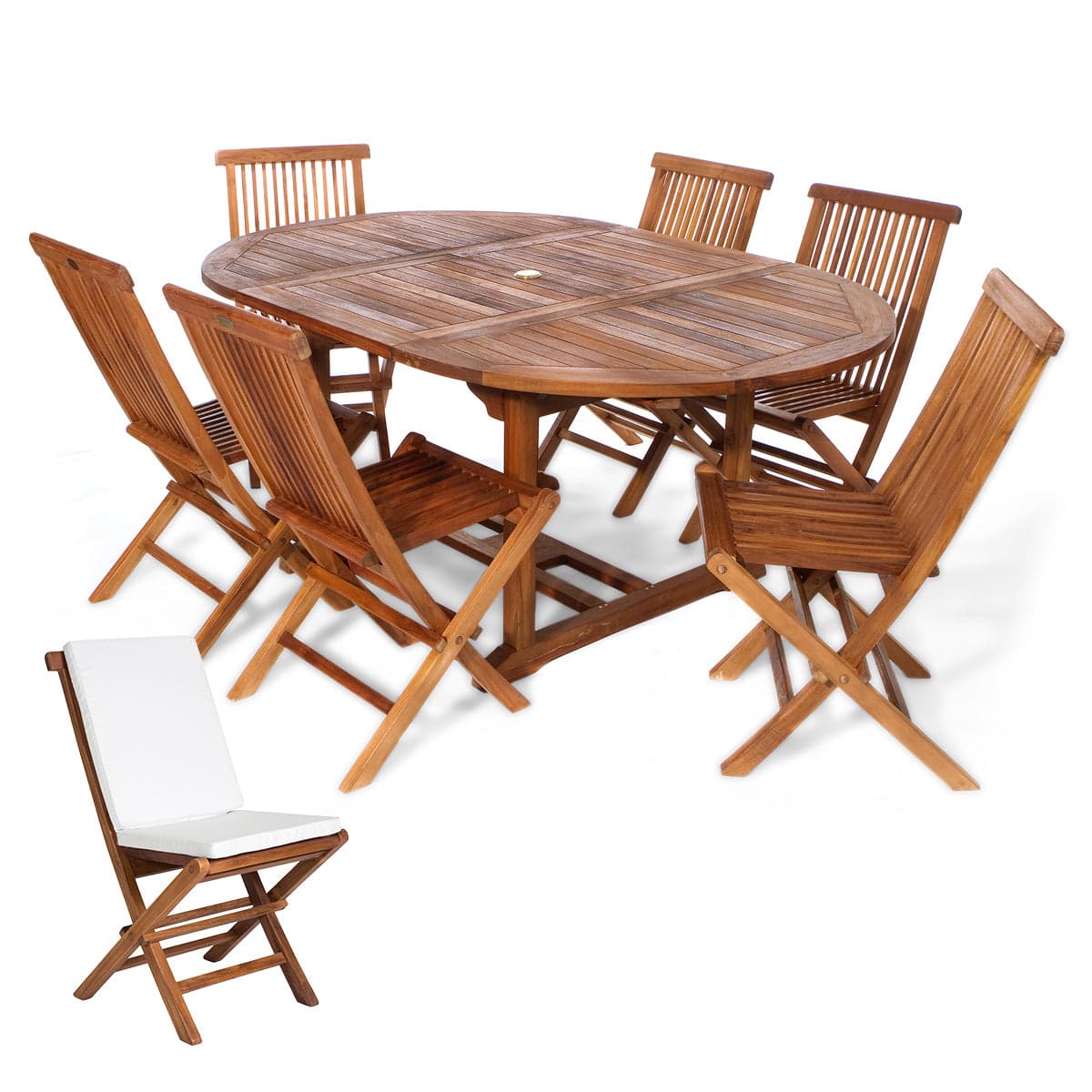 7-Piece Teak Oval Extension Patio Table and Folding Chairs Dining Set - White Cushions — product photograph