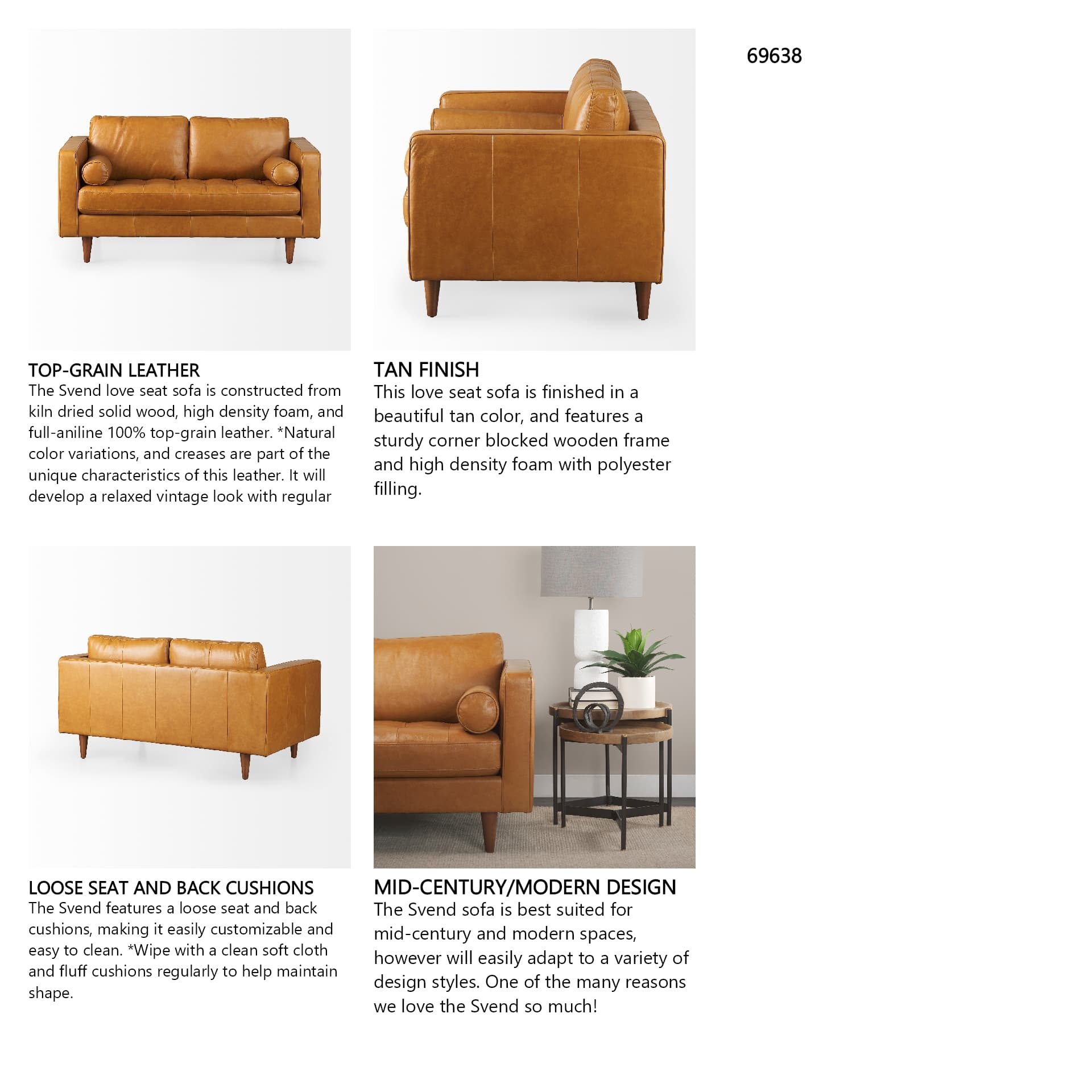 Svend 65.0L x 38.0W x 34.0H Tan Leather Love Seat Sofa — in a styled room