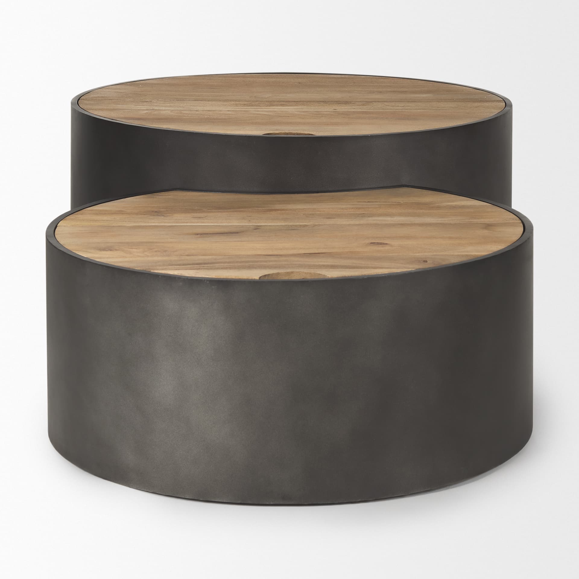Eclipse Gunmetal Gray Drum Base w/ Brown Wood Top Nested Coffee Table — product photograph