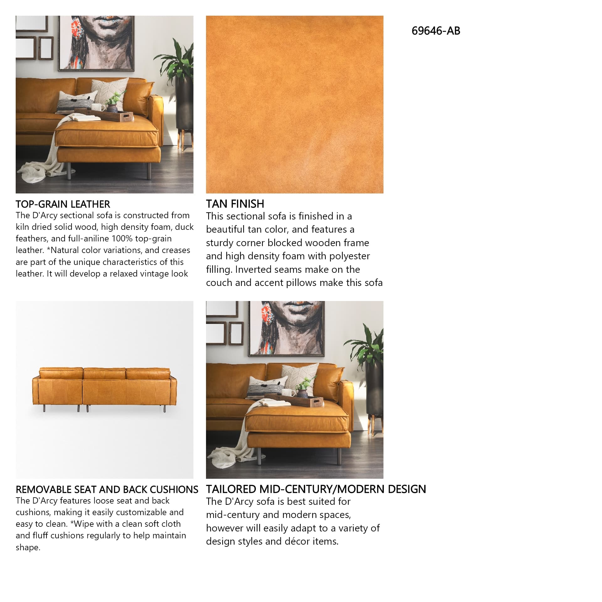 D'Arcy 111"L x 70"D x 33"H Tan Leather Right Chaise Sectional — in a styled room
